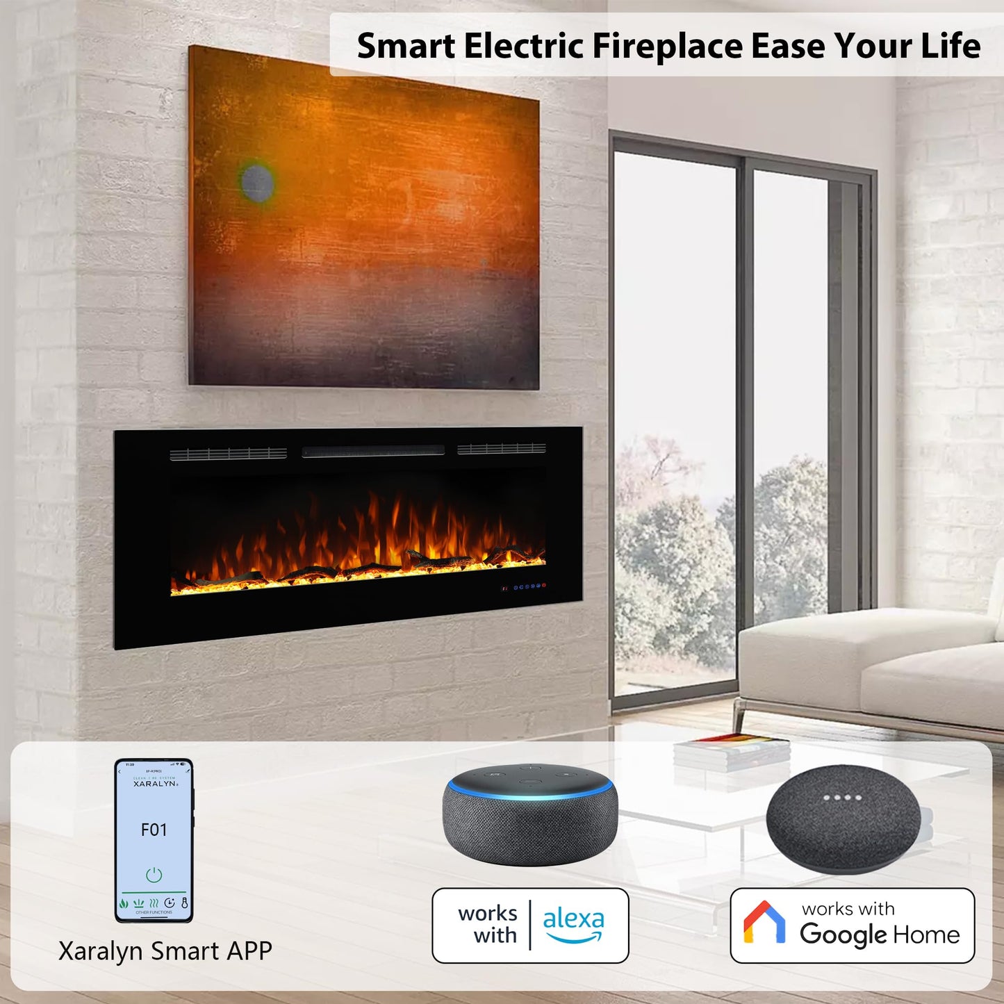 Dreamflame Electric Fireplace 42inches, Wall-Mounted & Recessed Fireplace Inserts, Multicolor Flame w/5 Dimmer, Remote Control Thermostat, Timer, Overheating Protection, Hardwire Connect, 1500W,Black