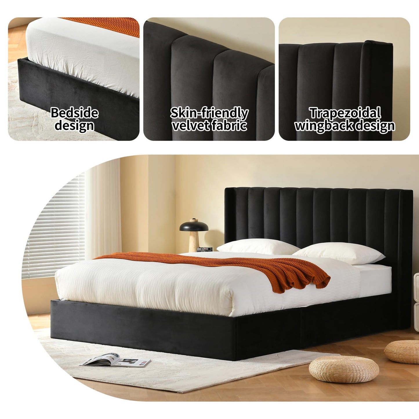 YUHUASHI Queen Size Hydraulic Storage Bed, Upholstered Platform Bed Frame, Modern Wingback Design Headboard, Velvet Fabric with Hydraulic Support Bars, No Box Spring Required (Black, Queen)