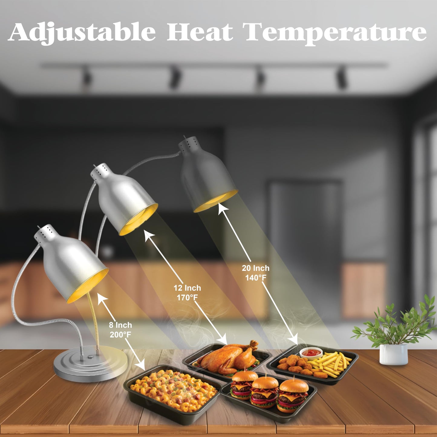 Food Heat Lamp,550W Commercial Food Warmer Lamp,Adjustable Food Warming Light with 4 Bulbs,2 Head Catering Heating Lamp for Kitchen Cafeteria Restaurant Buffet Parties (Silver)