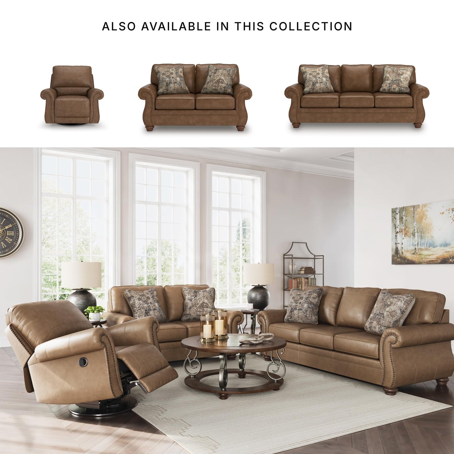 Signature Design by Ashley Shadsburne Rustic Faux Leather Sofa with Nailhead Trim and 2 Throw Pillows, Brown