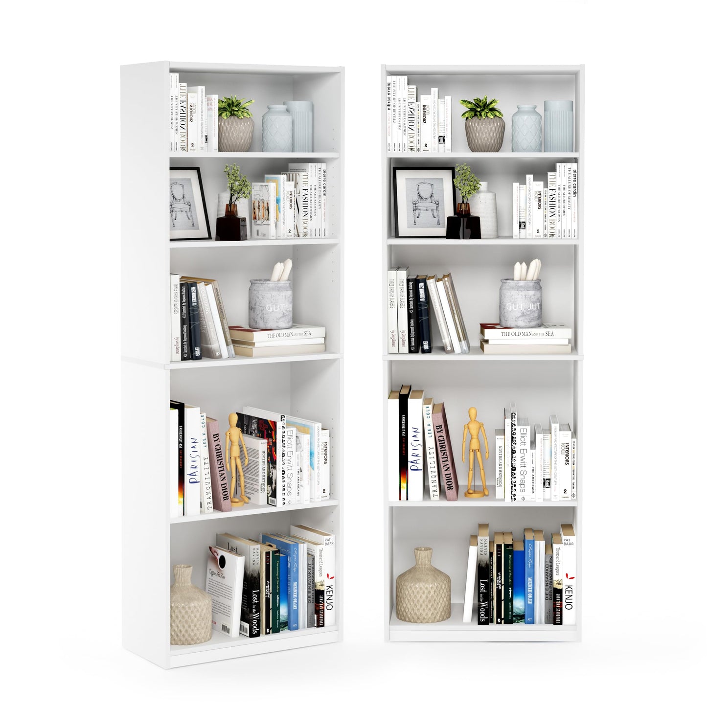 Furinno Jaya Book Shelf Set of 2, 5-Tier Bookshelf, Bookcase, with Adjustable Shelf, 9.5 x 24.5 x 71, for Home Office, Living Room, White