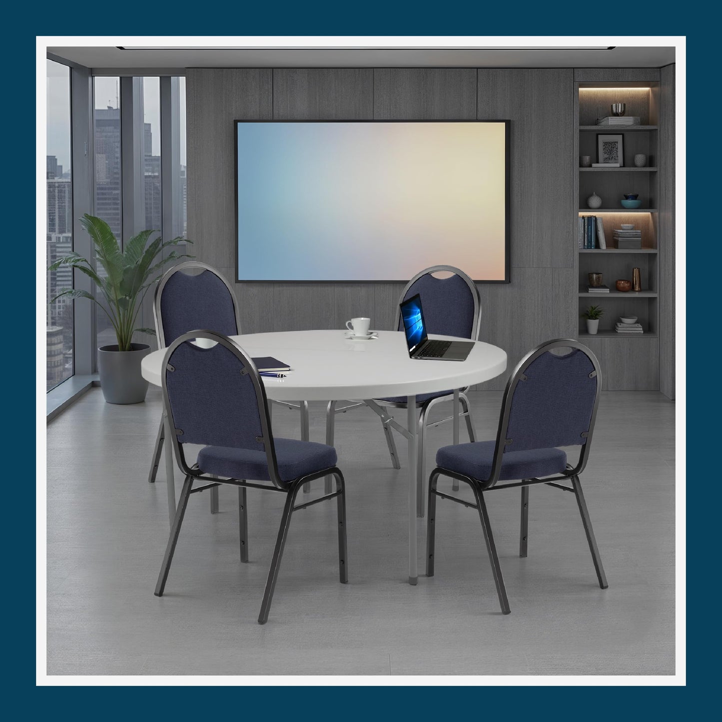 OEF Furnishings OEF9200F Series Dome Back Upholstered Stackable Banquet Chairs Premium Commercial Seating (2 Pack, Fabric, Midnight Blue, Black Santex Frame)