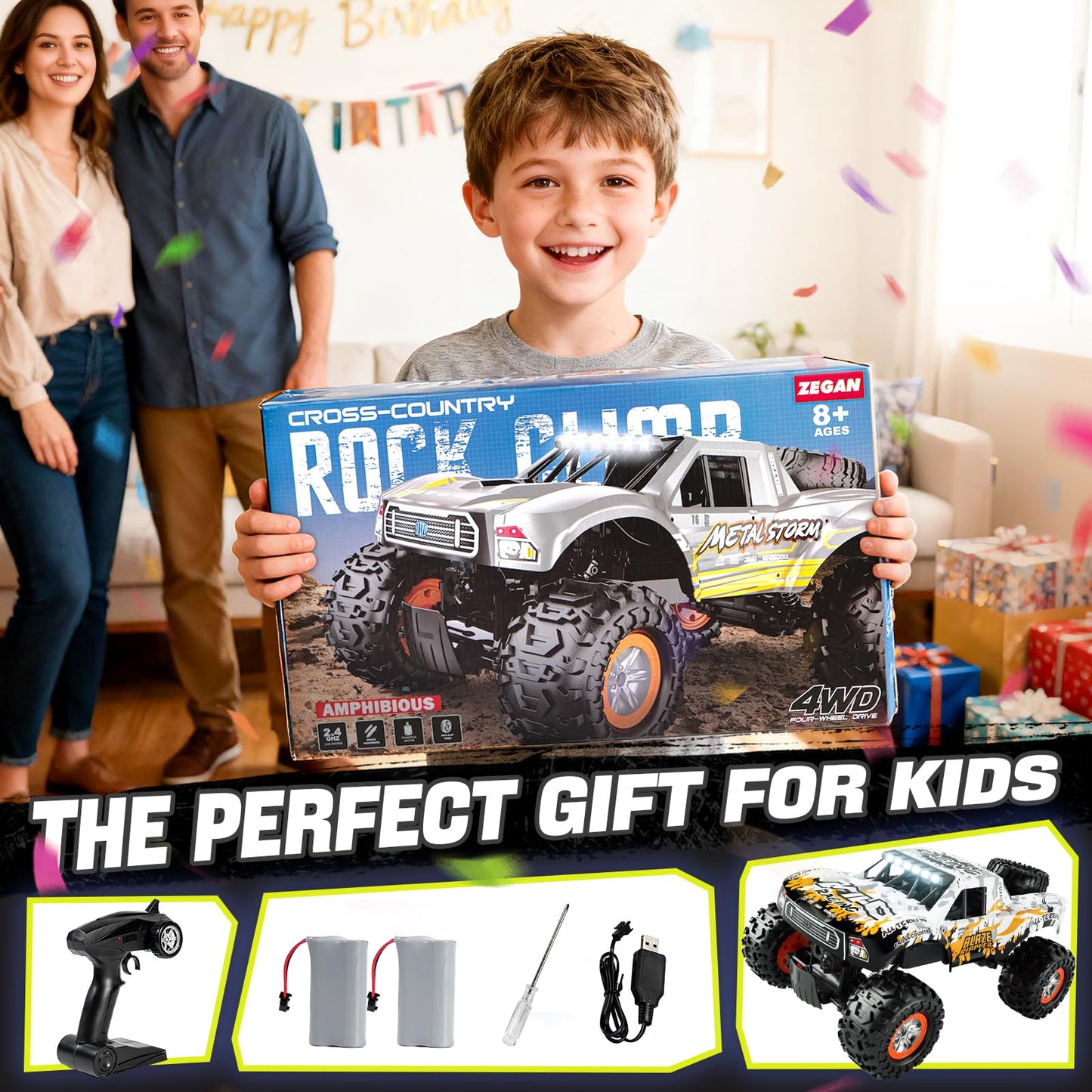 1:10 Amphibious Remote Control Car, 2.4 GHz Waterproof Monster Truck Toys RC Cars, 4WD All Terrain Off-Road Pickup RC Trucks , 2 Batteries 60Mins Play, Kids Toy Gift for Adults Kids Boys Girls