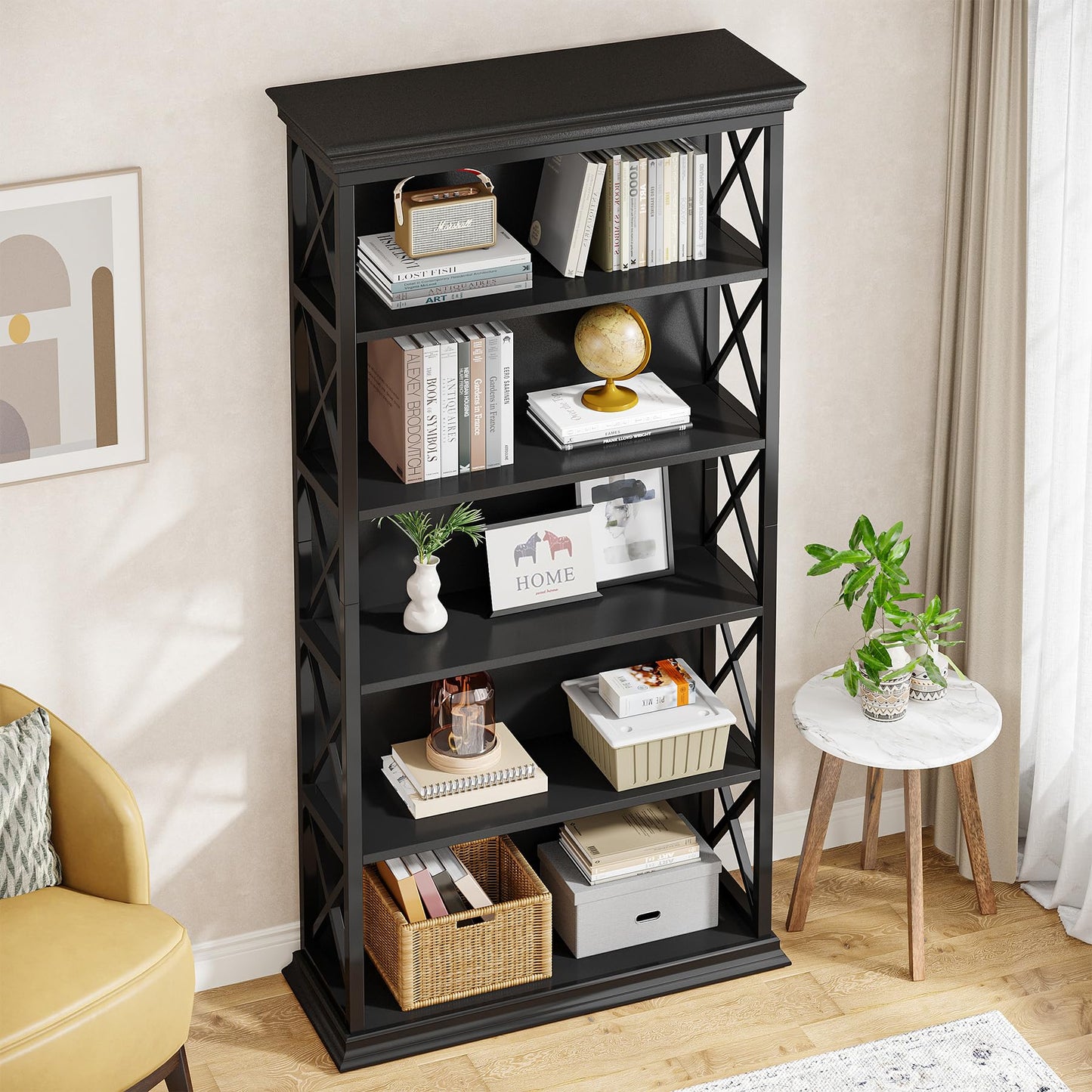 Tribesigns 6-Tier Bookcase, 71 Inches Industrial Bookshelves and Bookcases, Floor Standing 5 Shelf Display Storage Shelves Tall Bookcase for Home Office, Living Room, Bed Room, All Black
