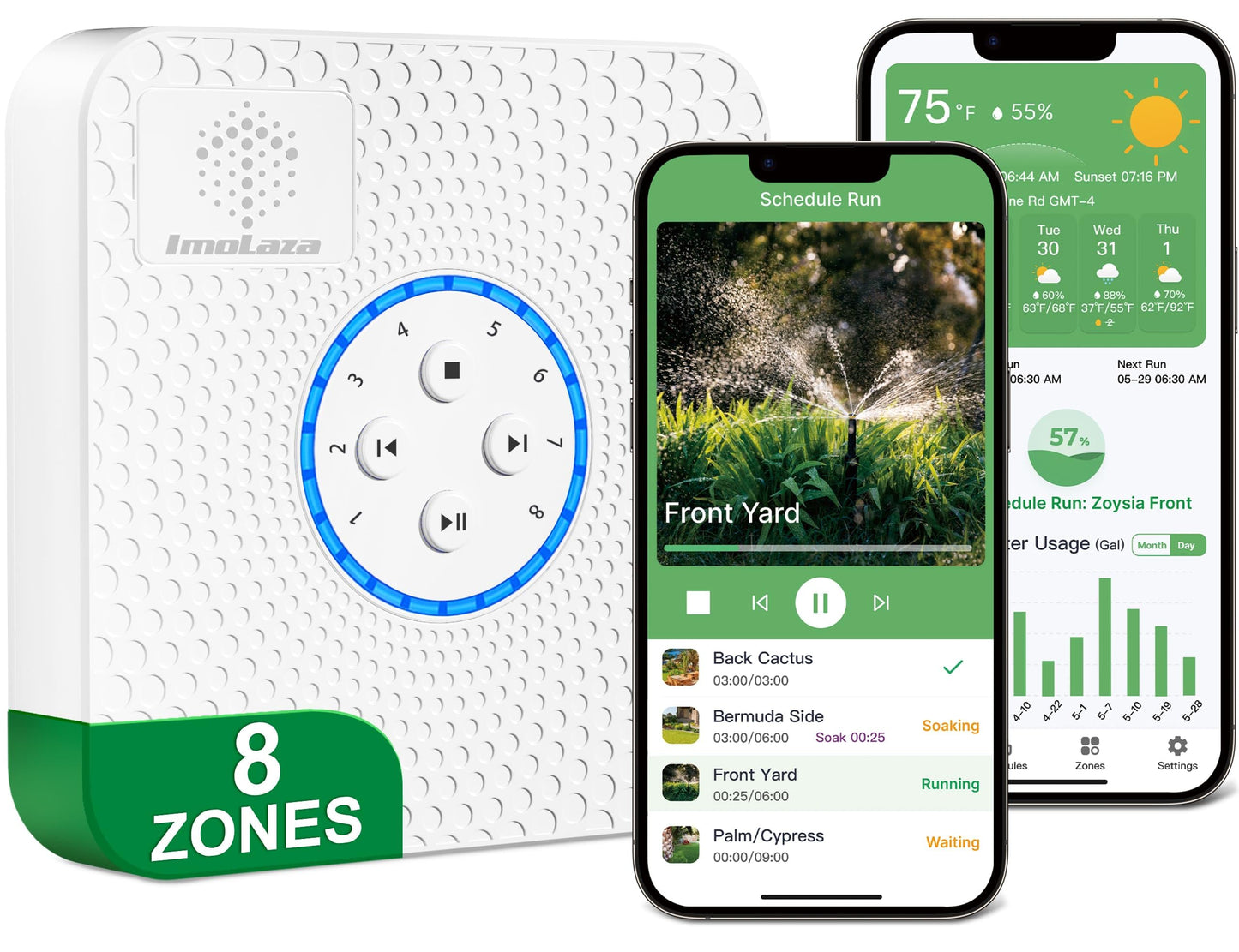 ImoLaza Smart Sprinkler Controller Evapotranspiration Master: 8 Zones WiFi Irrigation Controller with Automated Watering and App Control, Save Water Through Rain, Freeze, Wind and Saturation Skip