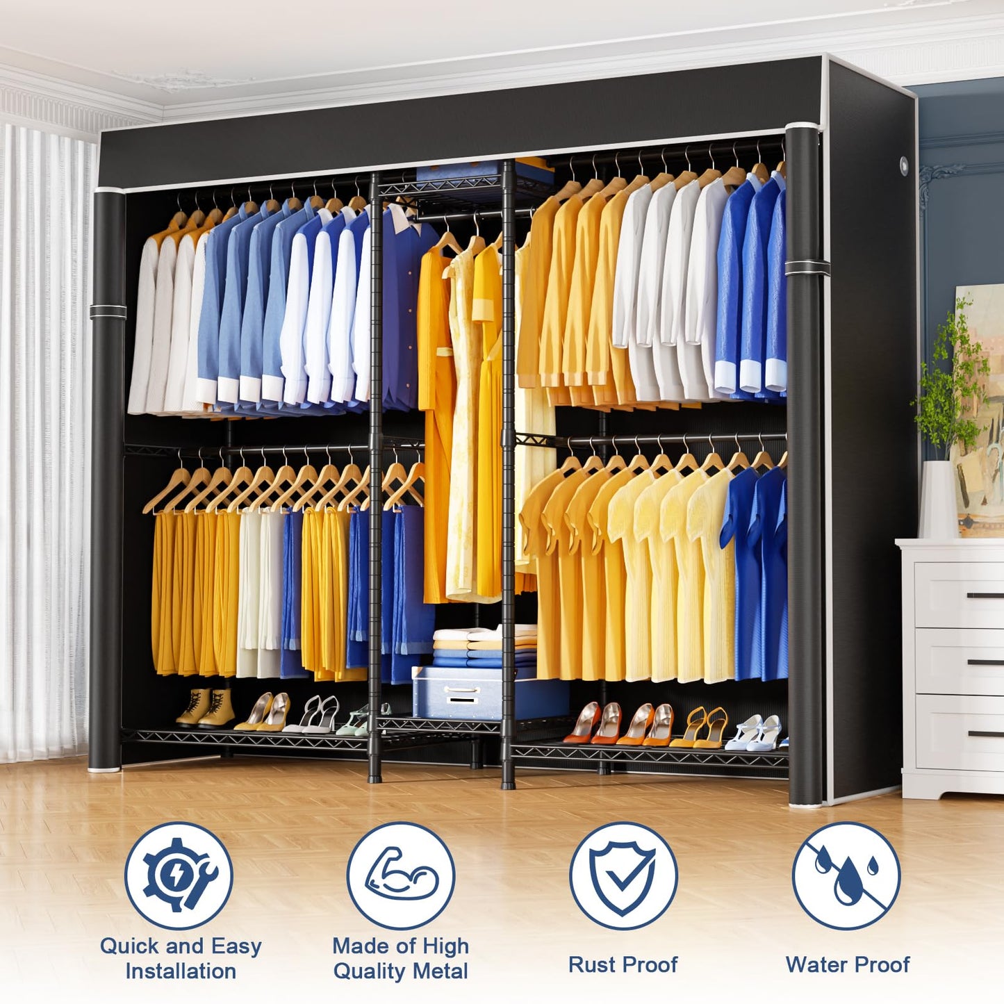 Ulif E12C Heavy Duty Closet Organizer System，Freestanding Clothing Rack, Adjustable Garment Rack 71" W x 16" D x 76.5" H Holds 960 lbs, Black Rack with Black Dustproof Cover