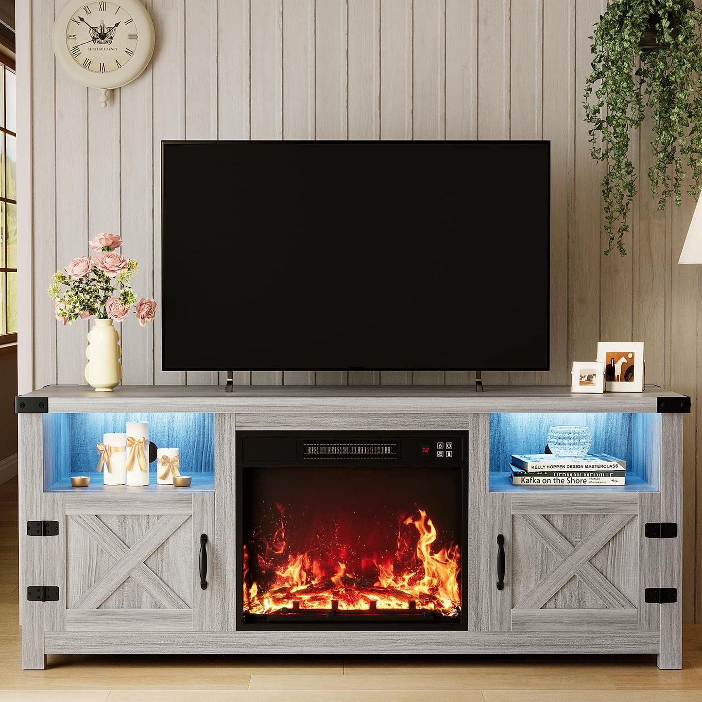 YESHOMY LED Fireplace TV Stand with Mood Lighting, TV Cabinet with Open Shelf, Farmhouse Media Console with Hidden Cable Routing, Entertainment Center for Televisions up to 65+ Inch, Gray Wash