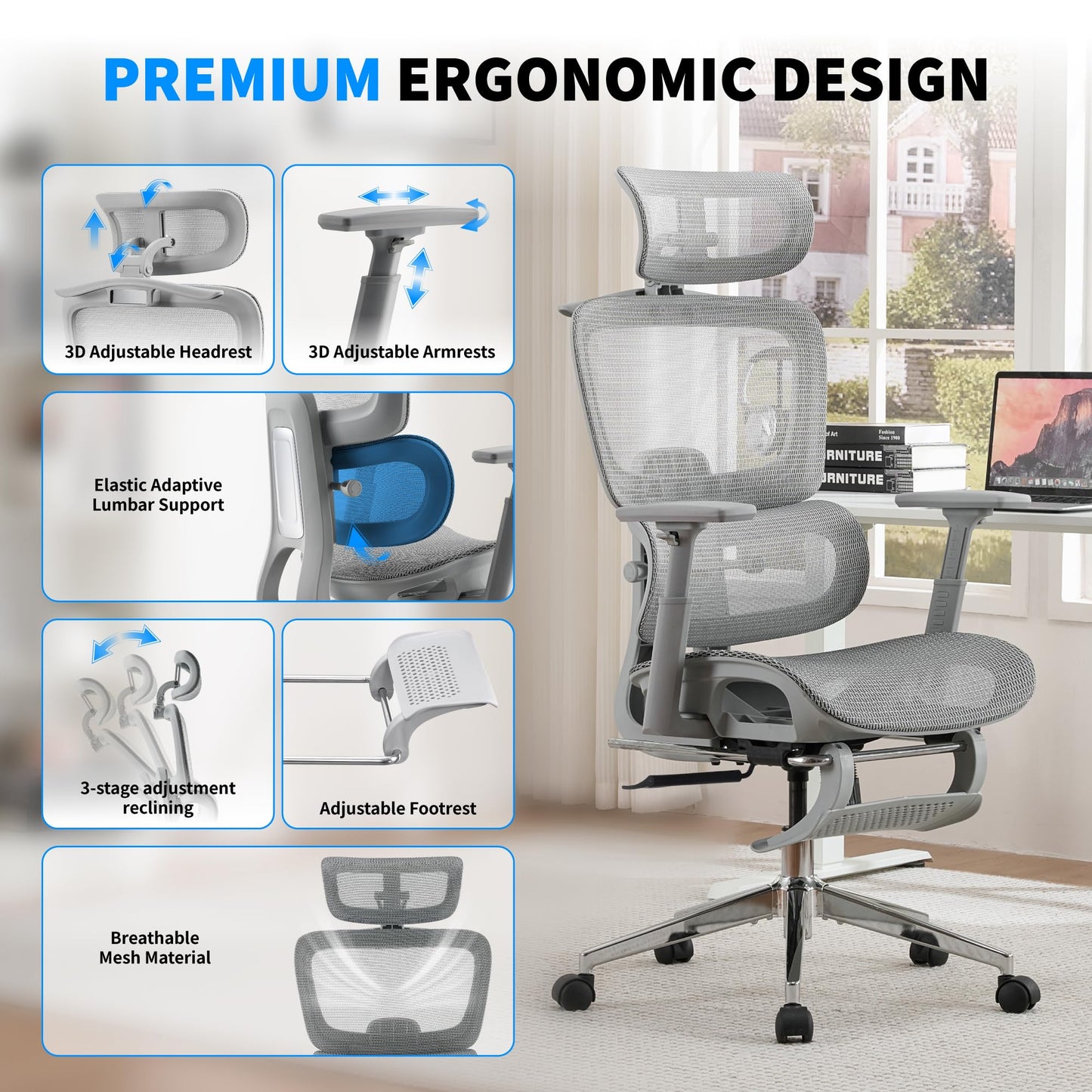 hujusko Mesh Ergonomic Office Chair with Footrest,High Back Mesh Gaming Chair with Lumbar Support,Adjustable Headrest and Armrests for Home Office Desk Chair (Modern, Grey)