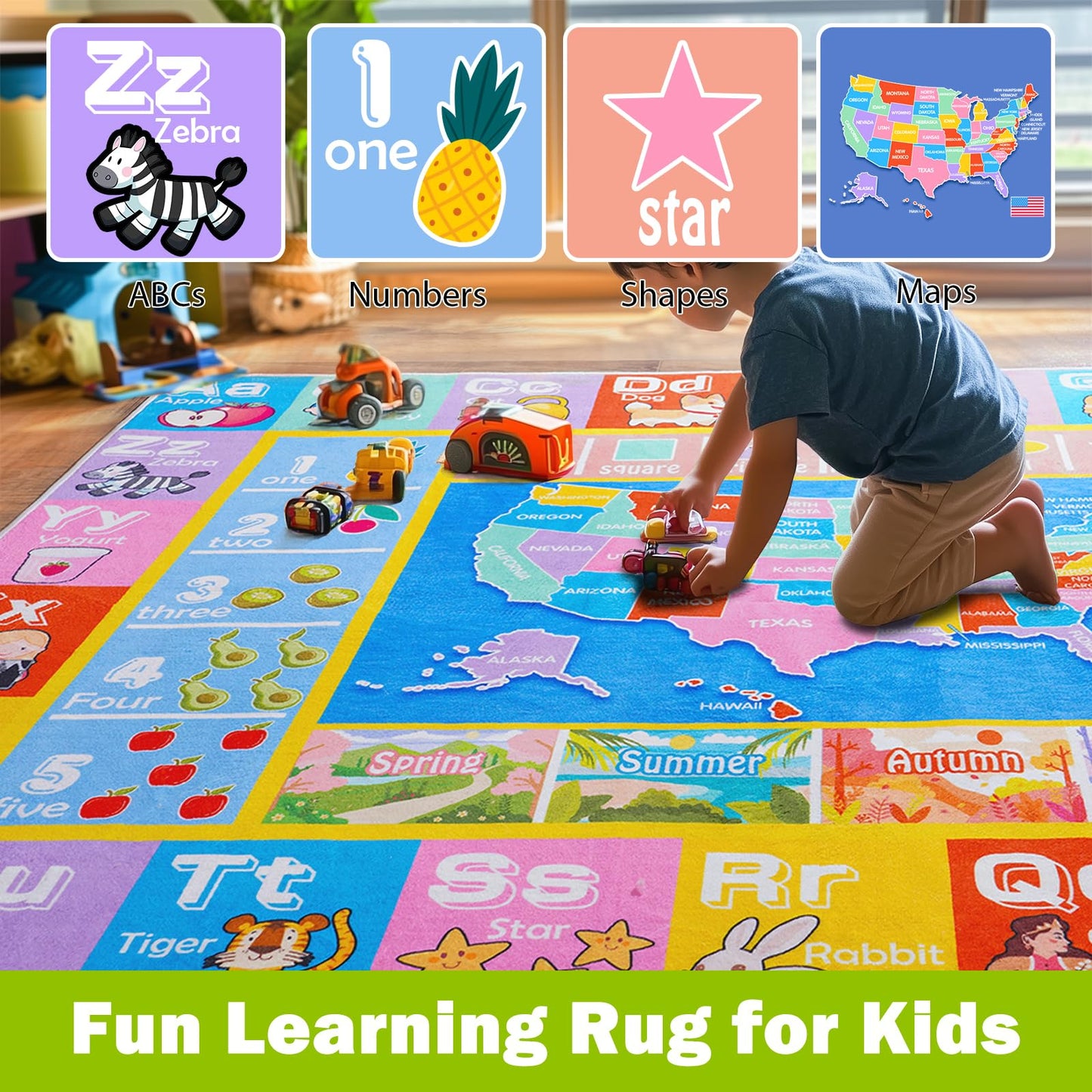 OHDS Kids Rugs for Playroom - Soft & Non-Slip 5x7 Feet Educational Rug for Learning ABC Alphabet, Numbers, Shapes & Map, Washable Classroom Rug for Toddler Nursery & Kids Room Decor