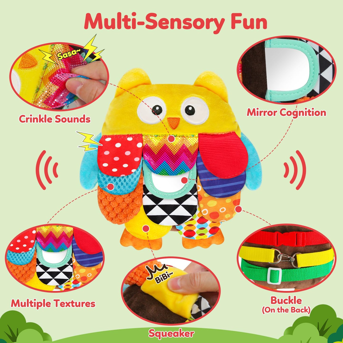 TSYAN Sensory Baby Owl Toy with Mirror, Crinkle & Squeaker–Tummy Time Educational Stuffed Animal for Infants 0-12 Months,Montessori Plush Toy Gifts for Newborns & Toddlers