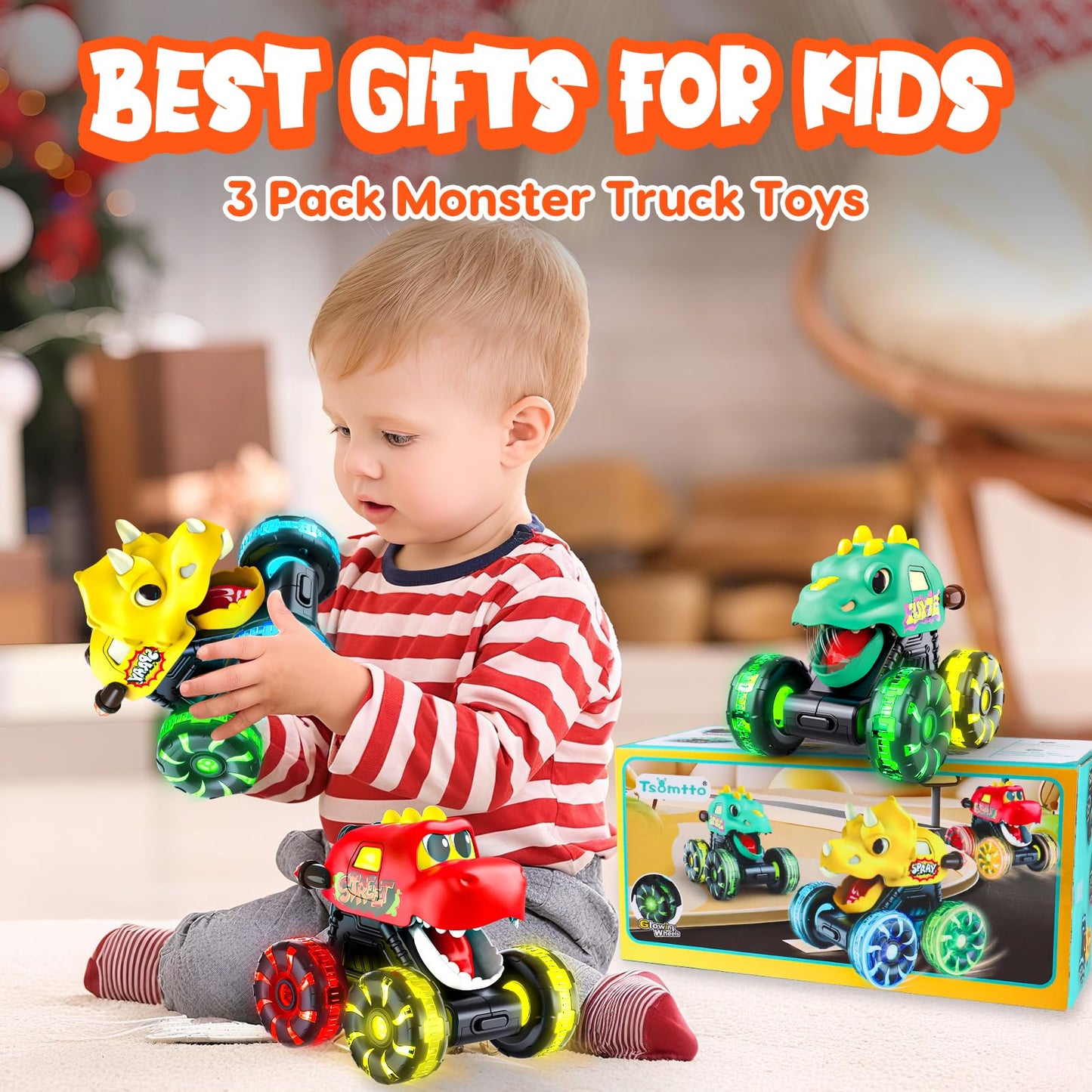 Monster Truck Toys Dinosaur Cars for Toddlers 1-3, Press and Go Cars Truck Toys for 1 2 3 4 5 Year Old Boys Girls Gift, Light Up Boy Toy Dinosaur Cars for 2 3 4 One Two Year Old Boy Birthday Gifts