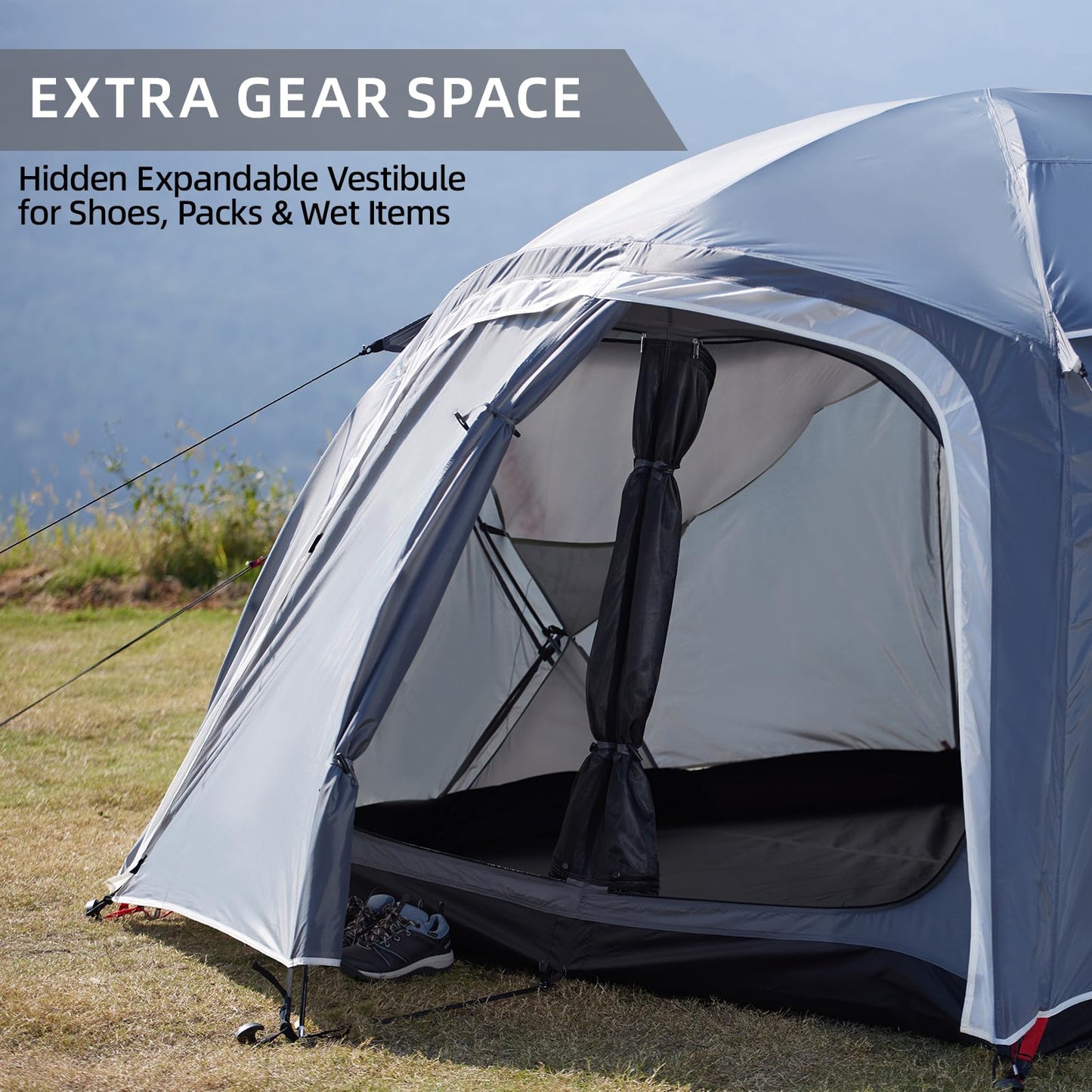 EchoSmile Tents for Camping, Waterproof Windproof Tent with Multi-Pole, 3-5 Person Spacious Dome Tent with Expandable Space for Shoes, Packs & Wet Items, Easy Setup Tent for Camping & Hiking-Gray