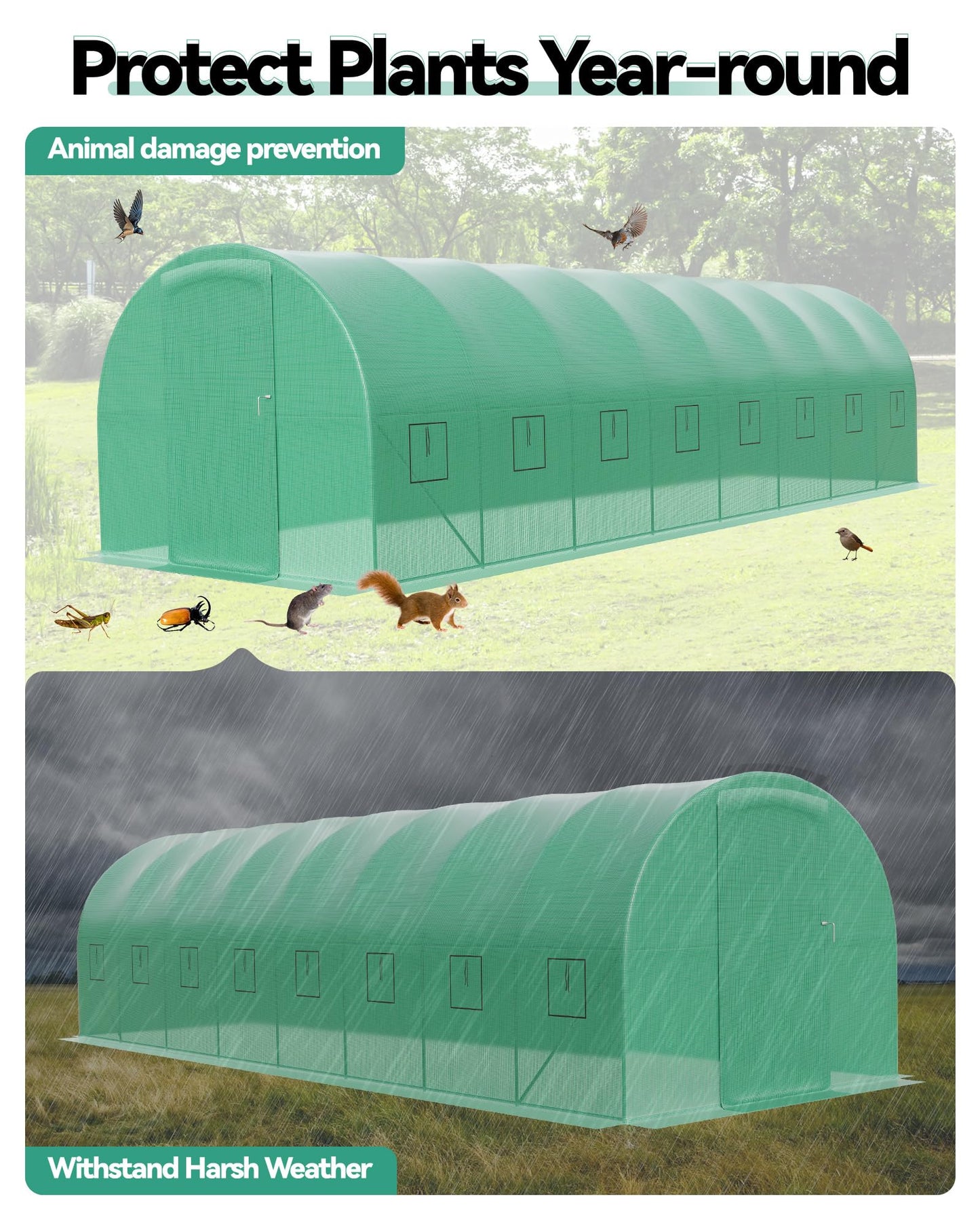 28X10x7.5 ft Large Walk-in Tunnel Greenhouse for Outdoors, Grow Tent with Reinforced Frame, Dual Zippered Screen Doors & 8 Screen Windows Green Houses Kit for Outside Backyard Gardening