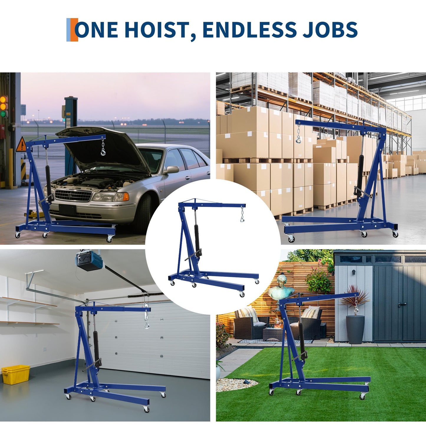 GarveeTech Engine Hoist Cherry Picker, 2 T Folding Hydraulic Engine Hoist with Telescopic Boom & 6 Casters, Heavy Duty Shop Crane Lifting Cherry Picker for Workshops Garage, Blue