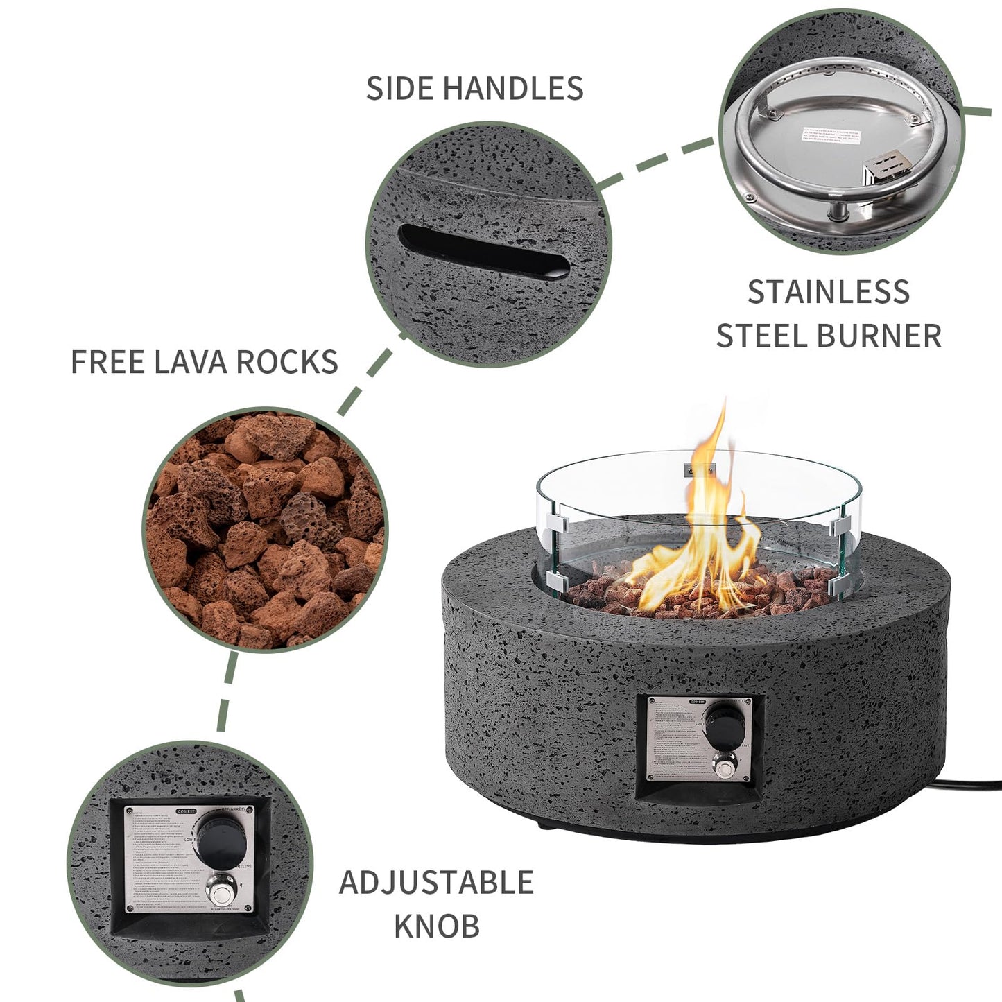 COSIEST Outdoor Propane Fire Pit Coffee Table, 28-inch Magnesium Oxide Round Base Patio Heater, 40,000 BTU Stainless Steel Burner, Free Lava Rocks, Waterproof Cover, Wind Guard, Tank Cover, Gray
