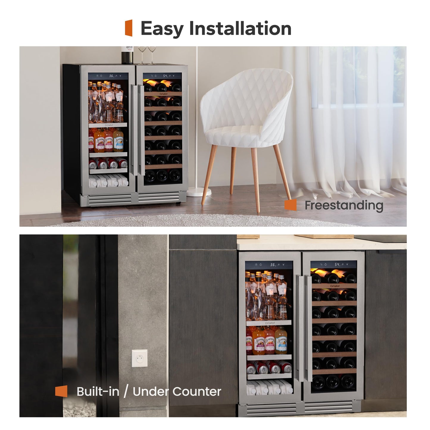 Ca'Lefort 30 Inch Wine and Beverage Refrigerator, 80 Can and 33 Bottle Wine Fridge Dual Zone 36-72°F, 3 LED Beverage Fridge Built in or Freestanding, Perfect for Home/Kitchen(6.00 cu.ft)