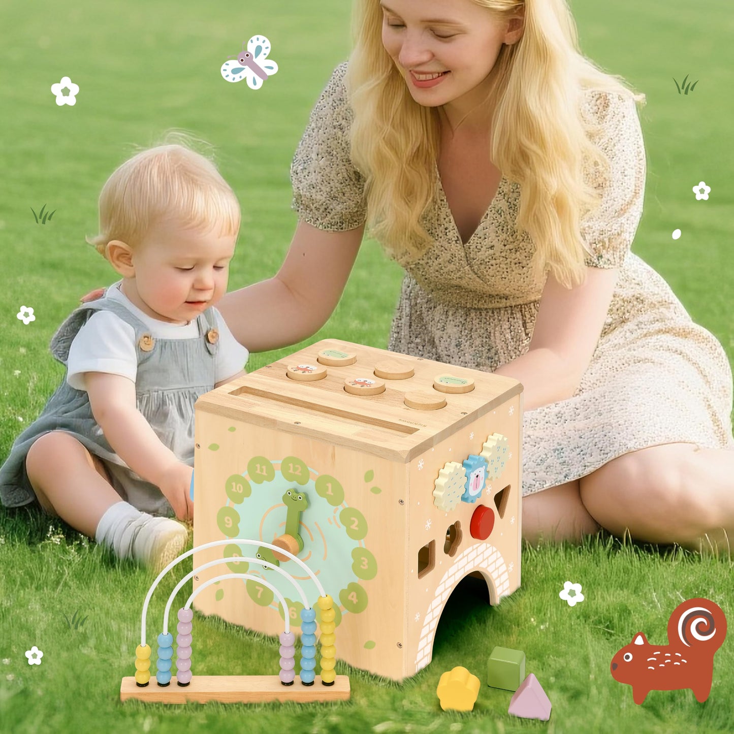 KizKnows Wooden Activity Cube 9-in-1 Montessori Busy Board Toy | Educational Sorting Play Center for 1+ Year Old Toddlers | First Birthday for Boys Girls