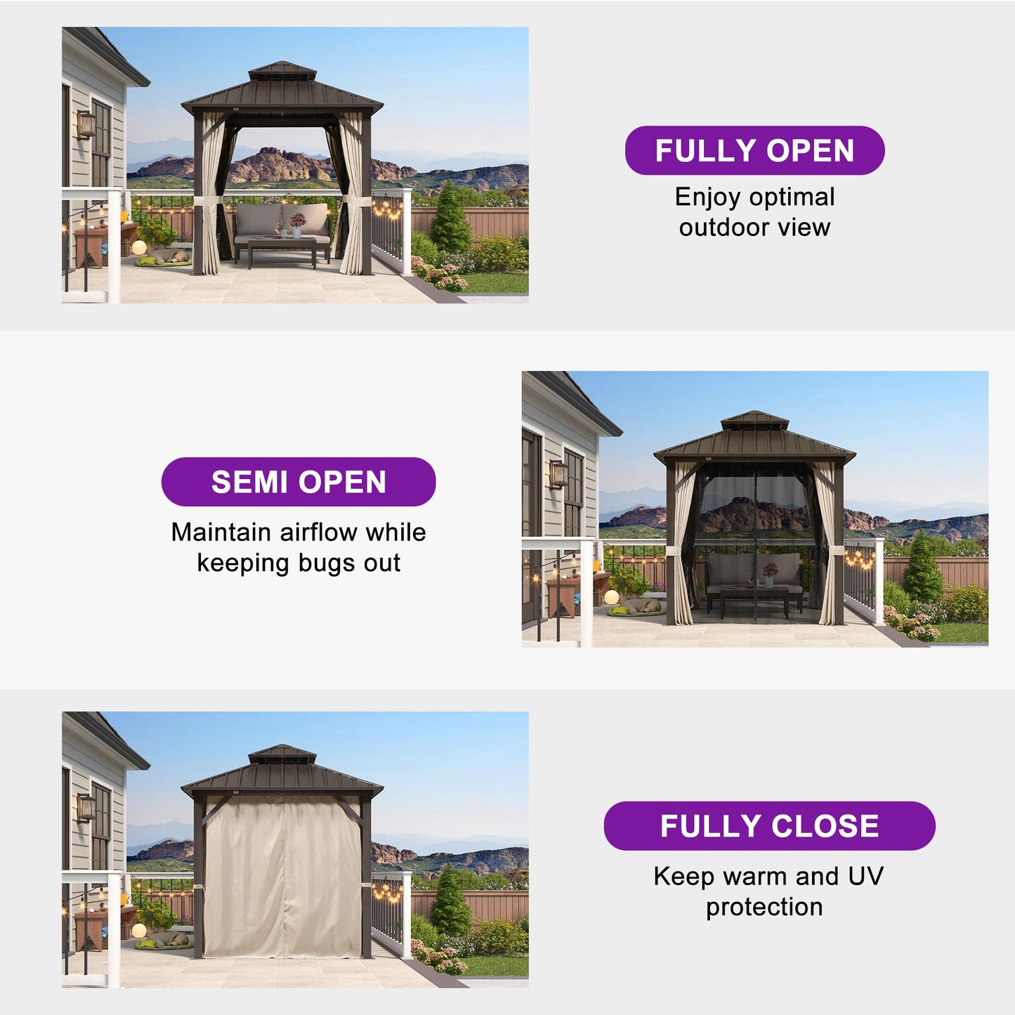 PURPLE LEAF 8’ X 8’ Outdoor Hardtop Gazebo Metal Frame Galvanized Steel Double Roof with Curtains and Nettings for Patio Desk Backyard Bronze