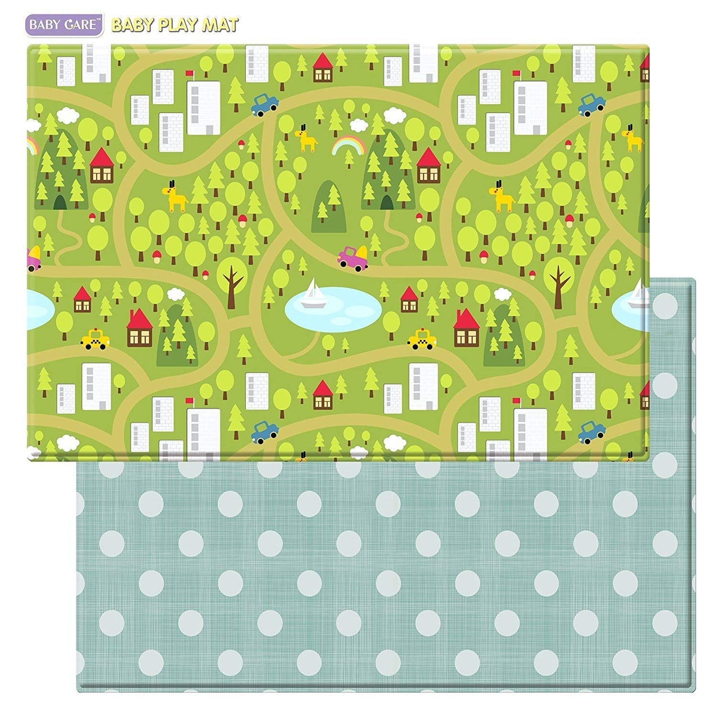 Baby Care Play Mat (Large, Playful - Country Town (Blue)) 82'' x 55'' Original One-Piece Reversible Rollable Waterproof Play Mat for Infants, Babies, Toddler, and Kids