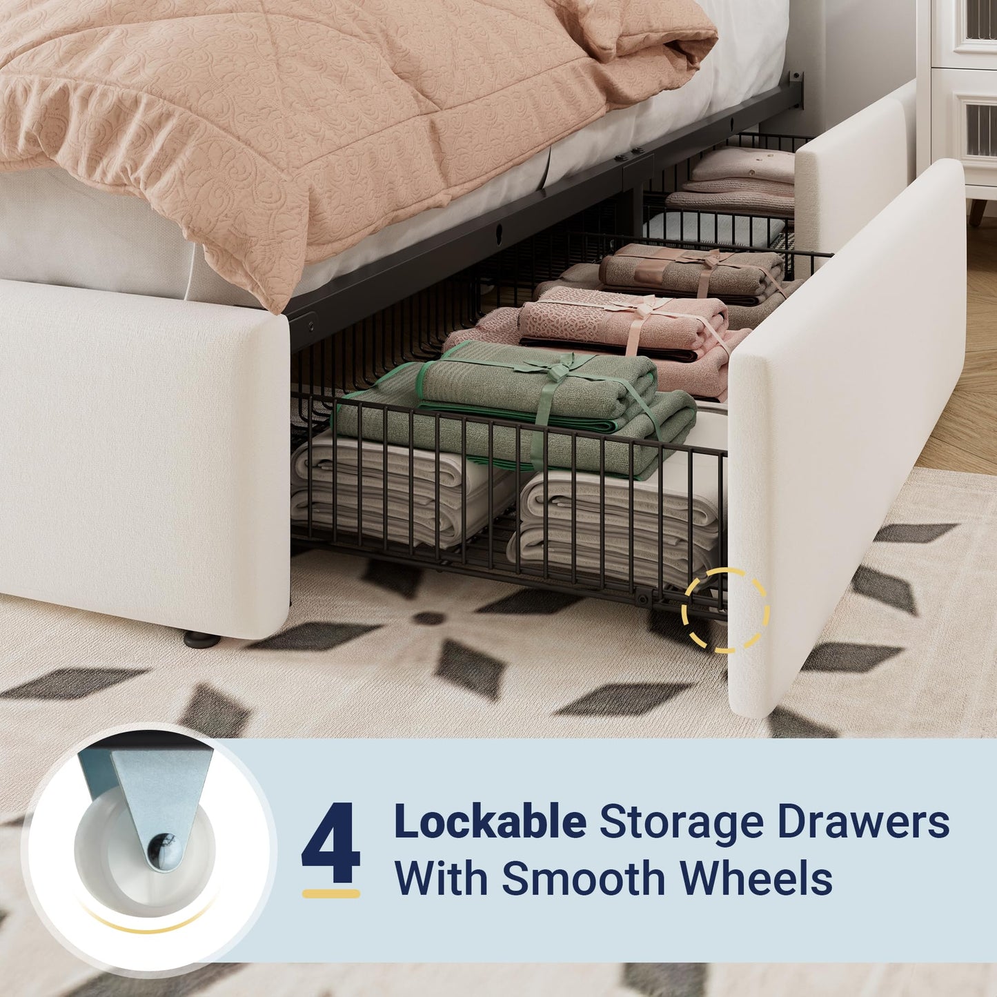 Allewie Queen Size Storage Bed Frame, Vertical Channel Tufted Adjustable Headboard, Velvet Upholstered Platform Bed with 4 Oversized Underbed Drawers, Wooden Slats Support, No Box Spring Needed, White
