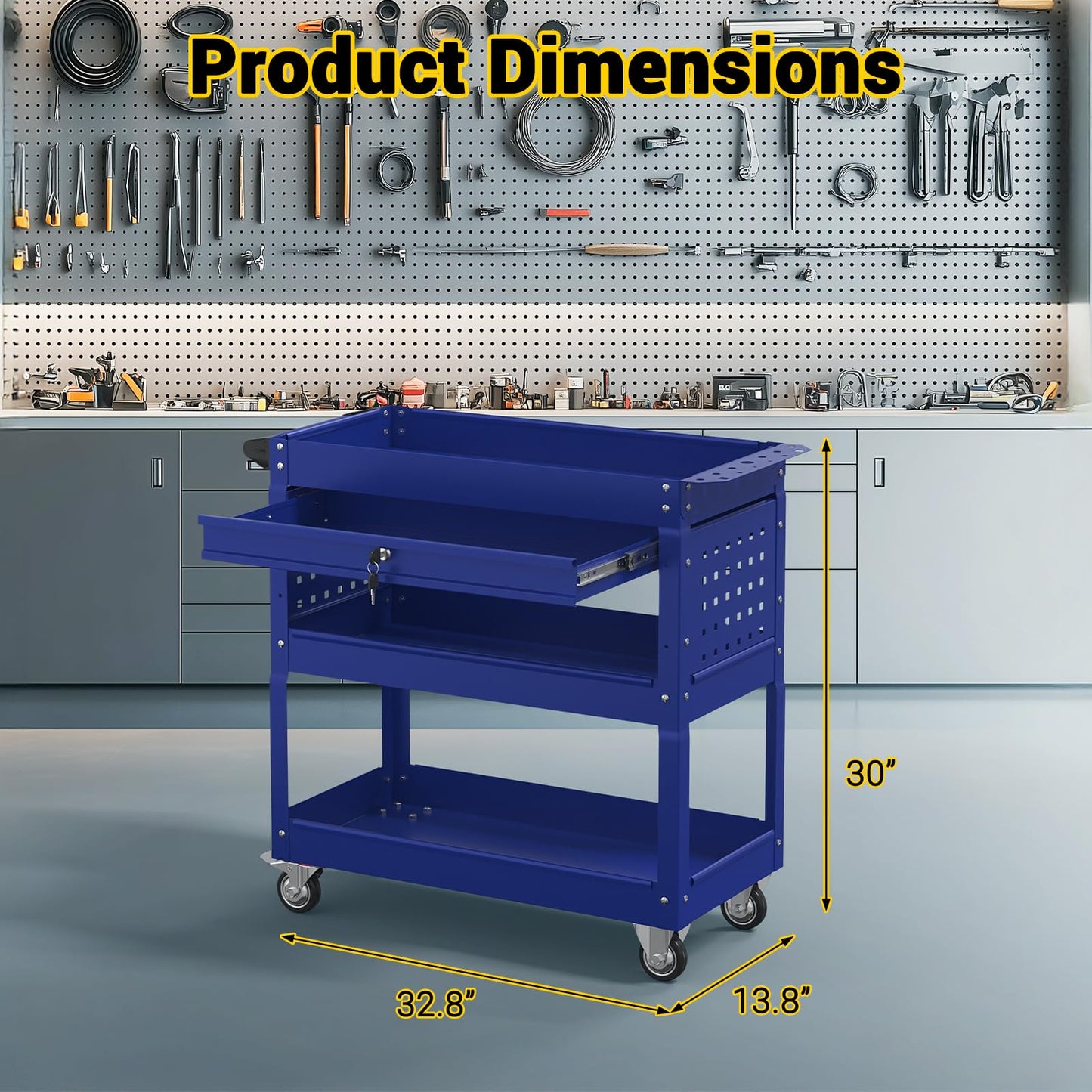 Cobinery 3 Tier Rolling Tool Cart on Wheels, 550 LBS Tool Cart with Drawers，Heavy Duty Utility Cart with Pegboard and Hook，Mechanic Tool Storage Cart for Garage, Warehouse and Repair Shop(Dark Blue)