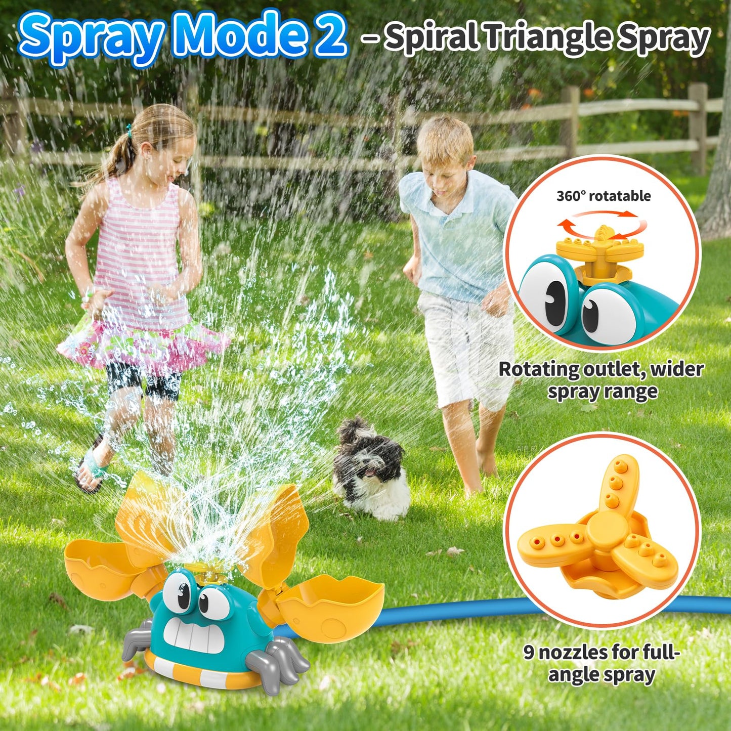 Water Sprinkler for Kids, 2-in-1 Crab Sprinkler with 3 Spray Patterns & 4 Bean Bags for Toss Game, Attaches to Garden Hose, Summer Backyard Lawn Outdoor Water Toy for Boys & Girls Ages 3–8