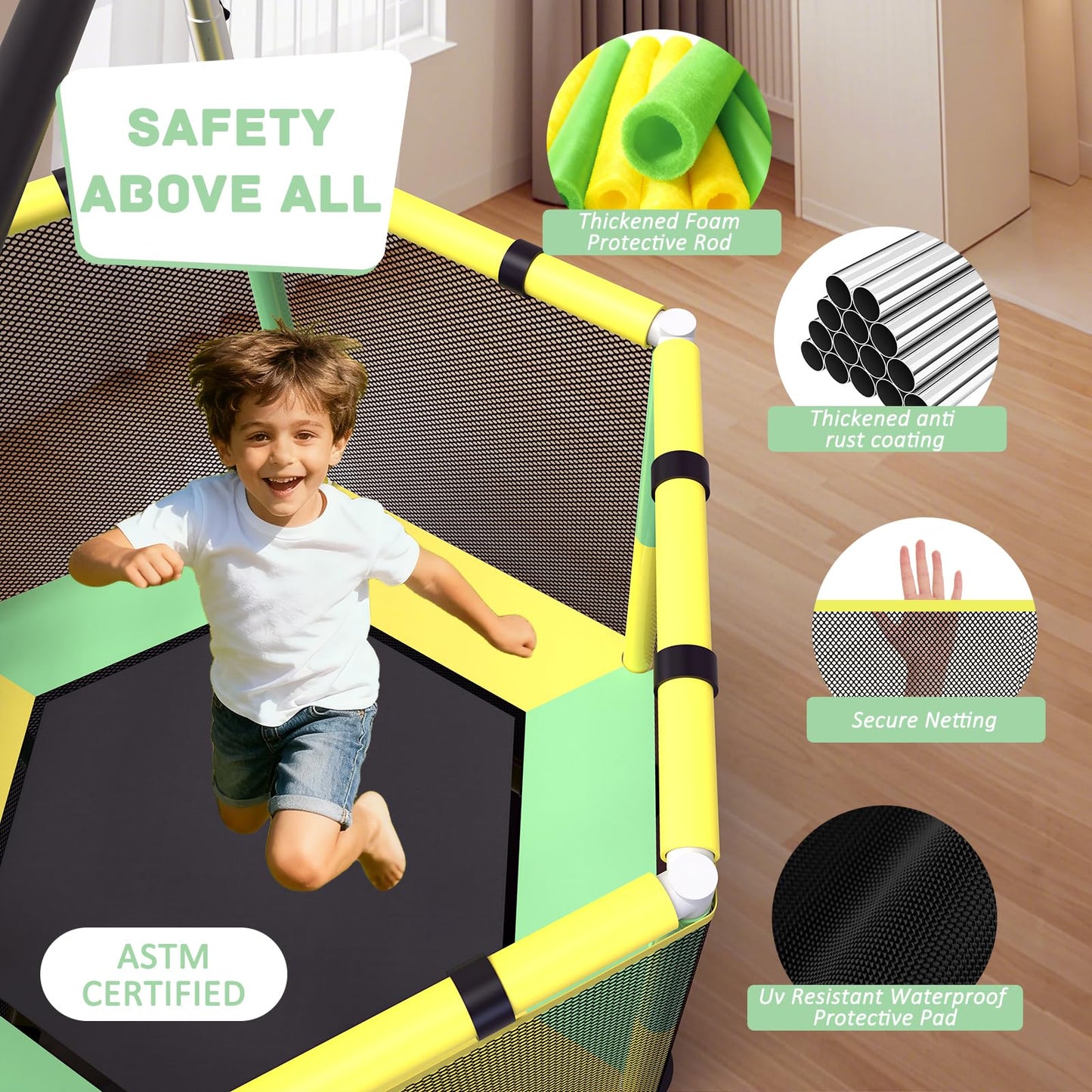 60" Trampoline for Kids, Upgrade Full Anti-Rust 440lbs Indoor Outdoor Toddler Trampoline with Net, Adjustable Trampolines with Anti-Rollover Bottom, Birthday Gifts for Boys & Girls
