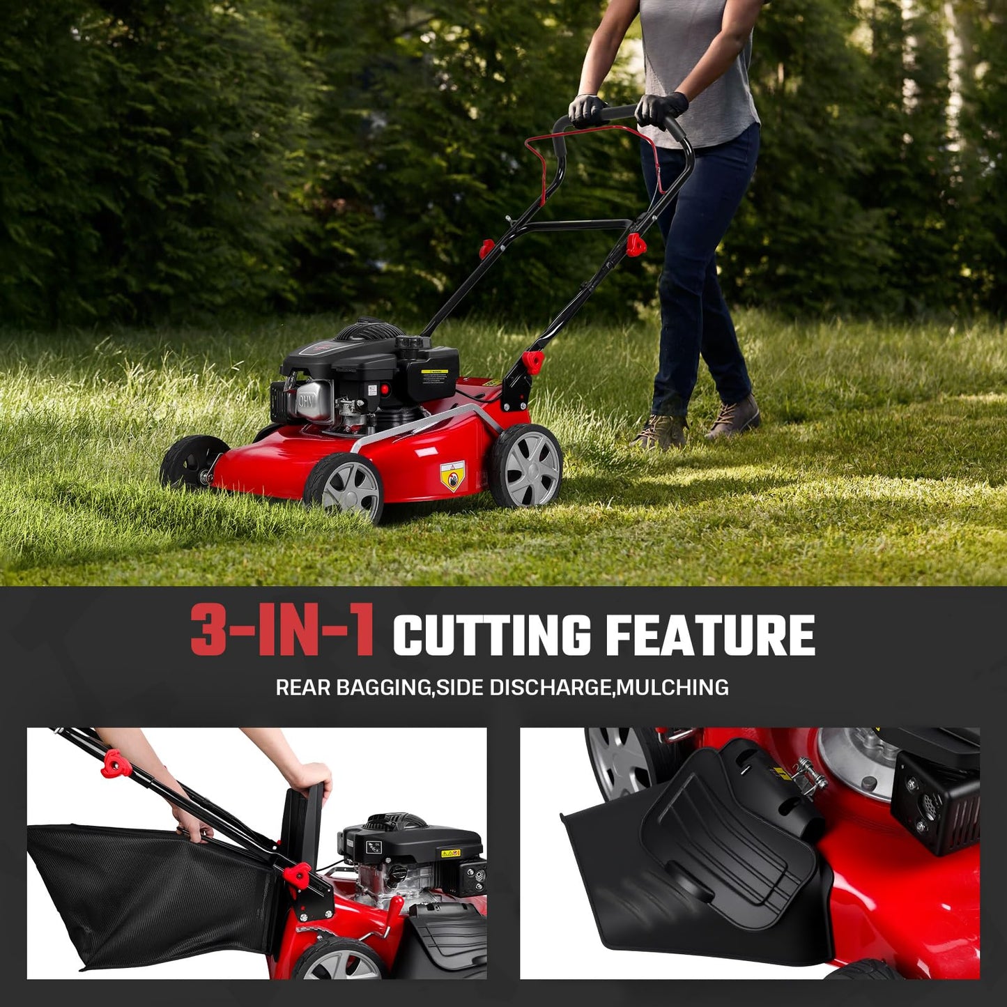 3 in 1 Gas Lawn Mower Self Propelled Self Propelled Gas Lawn Mower, 131cc Engine with Air Cooling, 50L Grass Tank, Foldable Design Red, Big Wheels & Easy Start