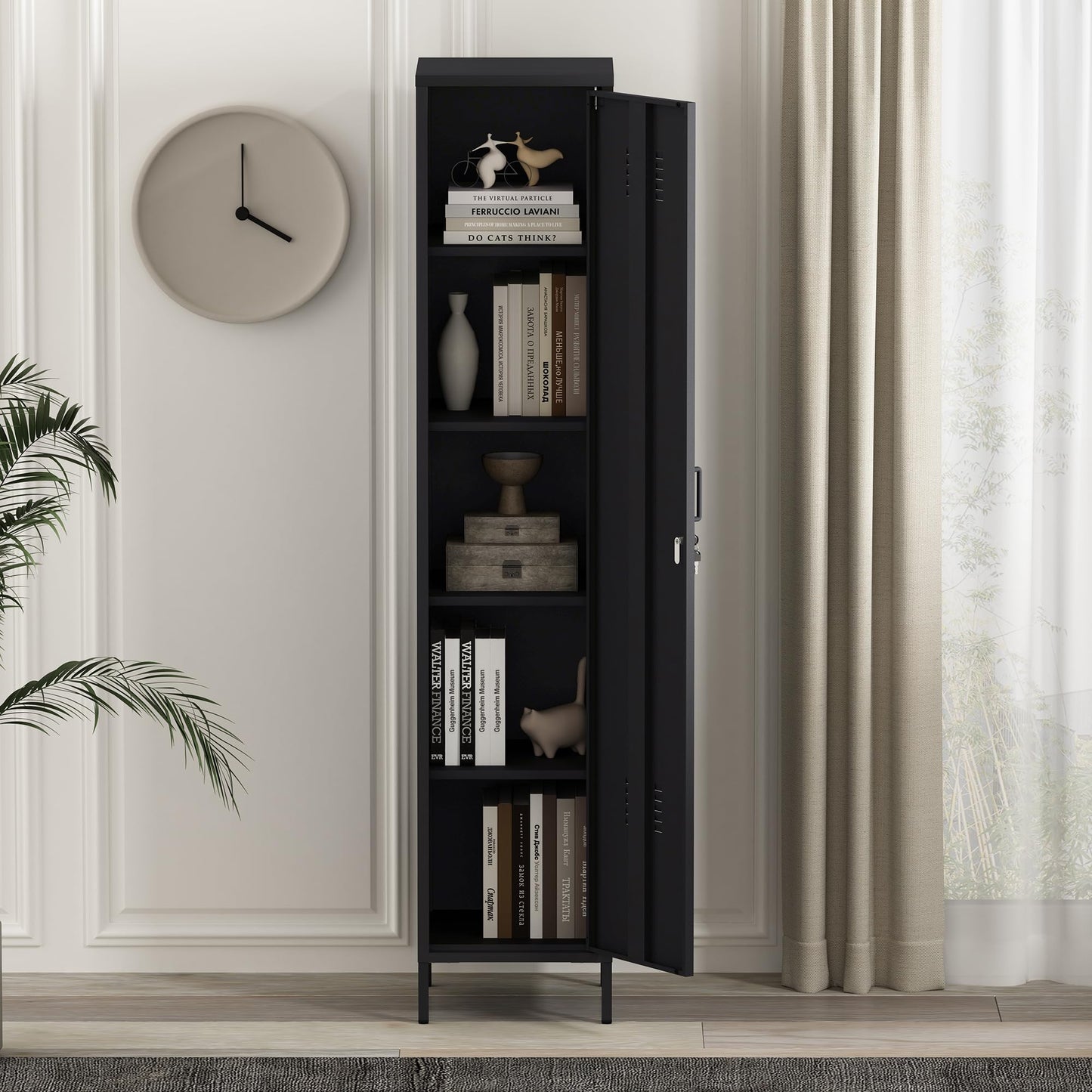 Manhattan Comfort Naomi 72.8'' Tall Storage Cabinet, Single Metal Locker with Lock, Adjustable Shelves, Vented Door & Floor Protectors, Modern Garage & Office Organizer, Black