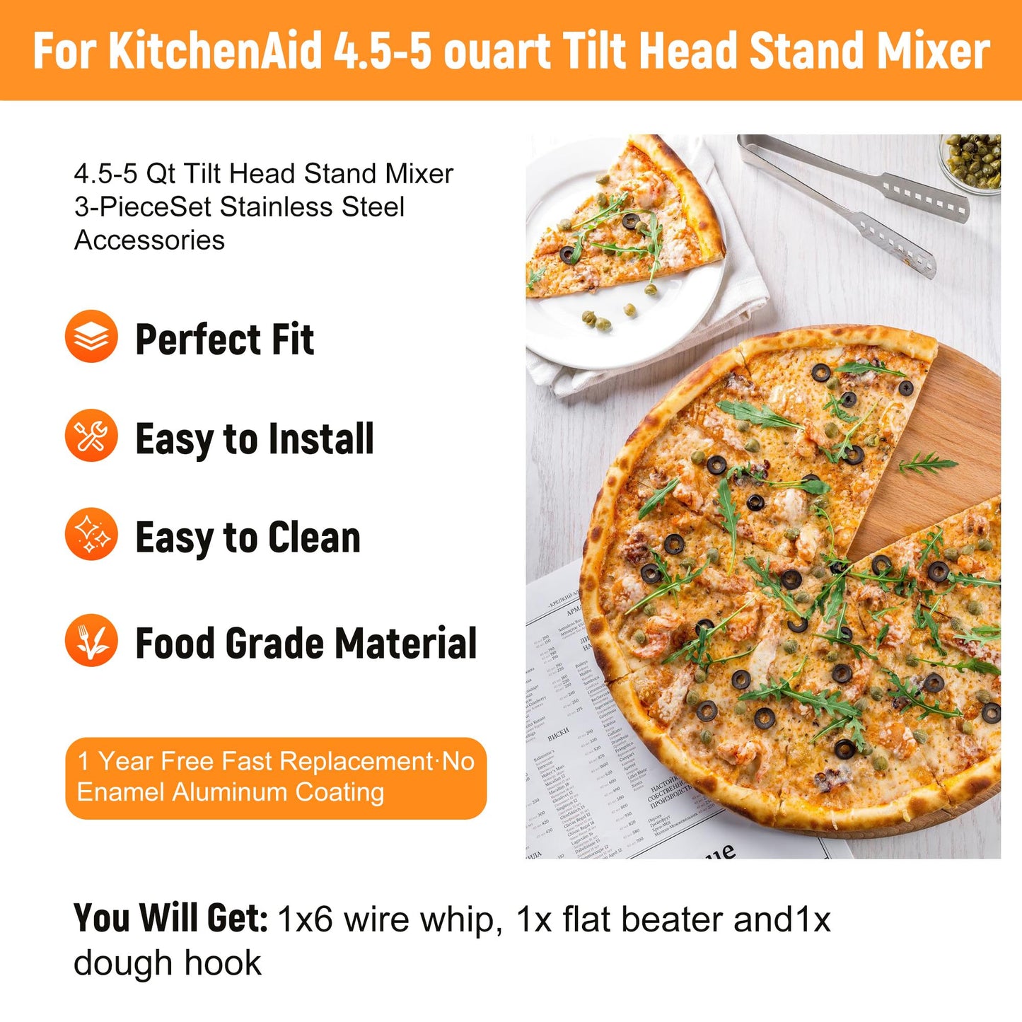 Stainless Steel Accessories for KitchenAid 4.5-5 Qt Tilt-Head Mixer, K45 Whisk, Flat Beater and Dough Hook for 5 Quart Mixing Bowl, Fits KSM45, KSM90, KSM150, Dishwasher Safe, Heavy Duty