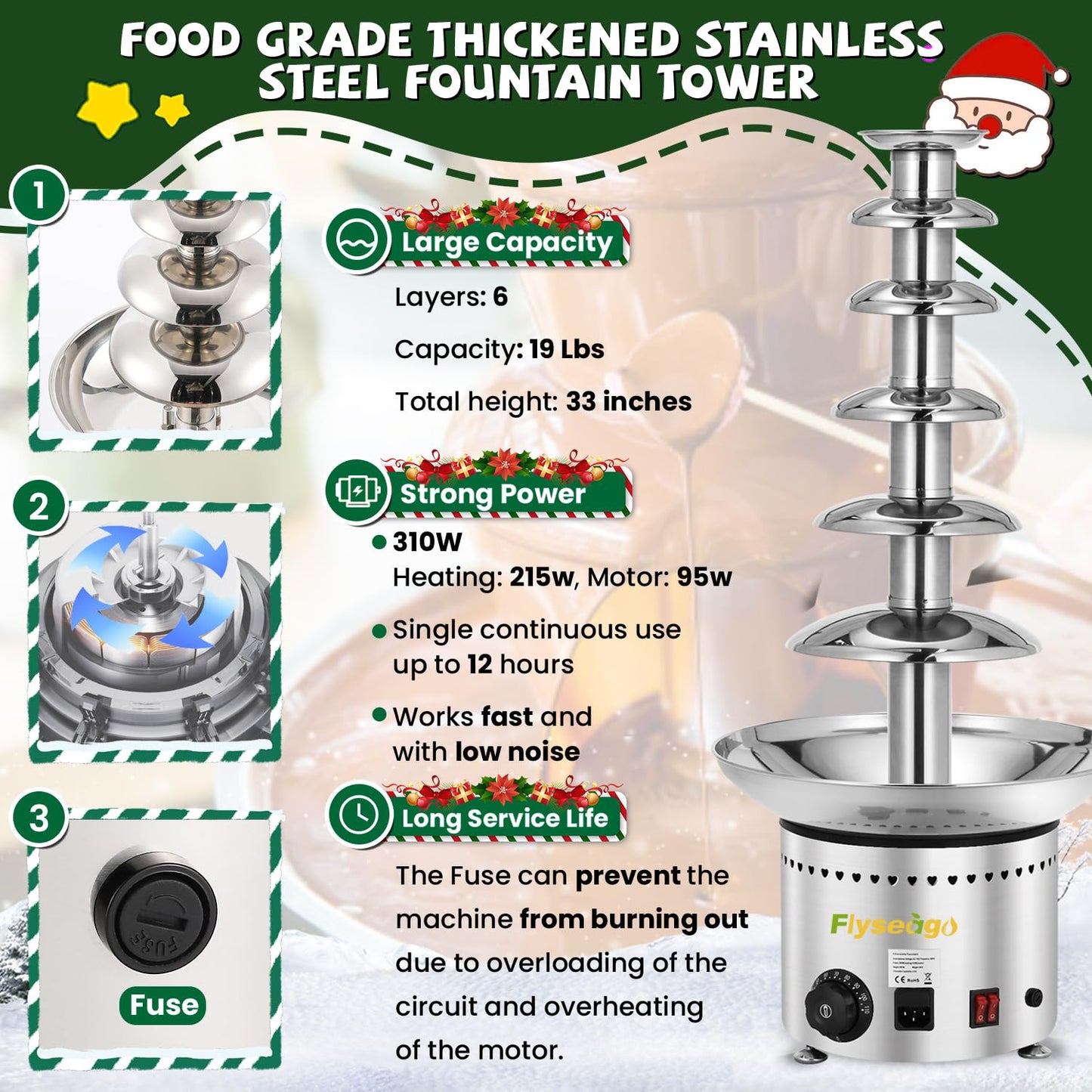 Flyseago Commercial Chocolate Fountain 6 Layers 19Lbs Large Chocolate Fondue Tower Stainless Steel Hot Chocolate Waterfall for Nacho Cheese Knob Control