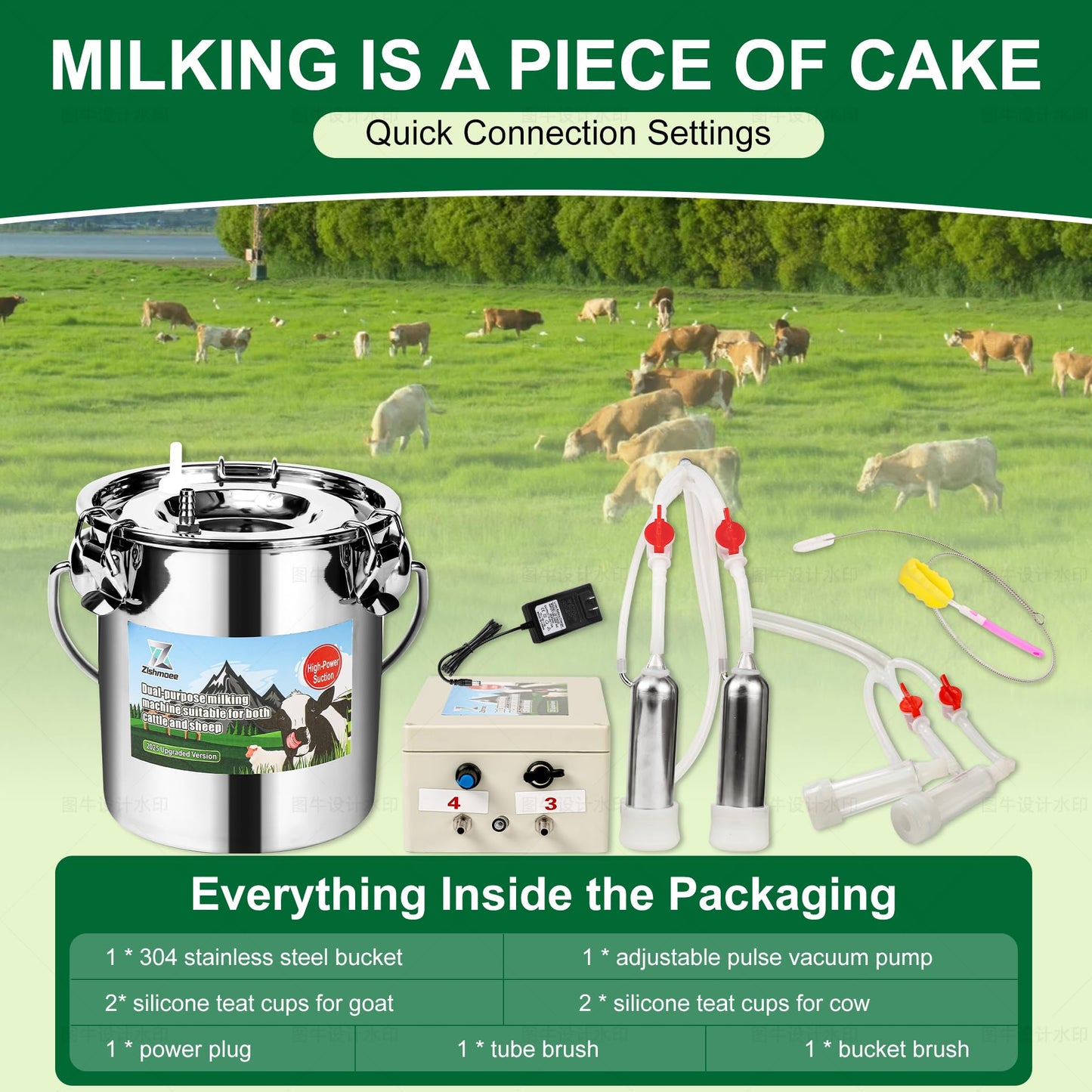 2026 Upgrade Zlshmoee 7L 2-in-1 Electric Milking Machine for Goats and Cows, Portable Milker with Built-in Rechargeable Battery, Pulsation Vacuum Pump, 4 Teat Cups, Stainless Steel Bucket