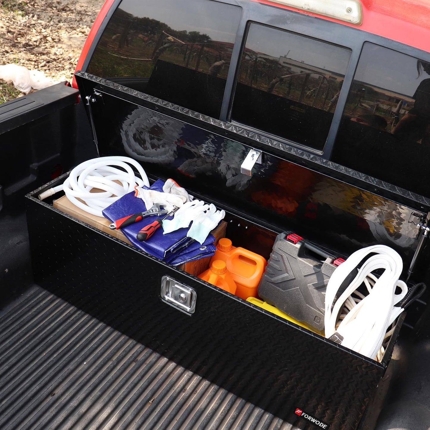 FORWODE 48 Inch Truck Bed Tool Box Aluminum for Pickup RV Toolbox Truck Bed Toolboxes Heavy Duty Waterproof Truck Chest with Handle and Lock - Black
