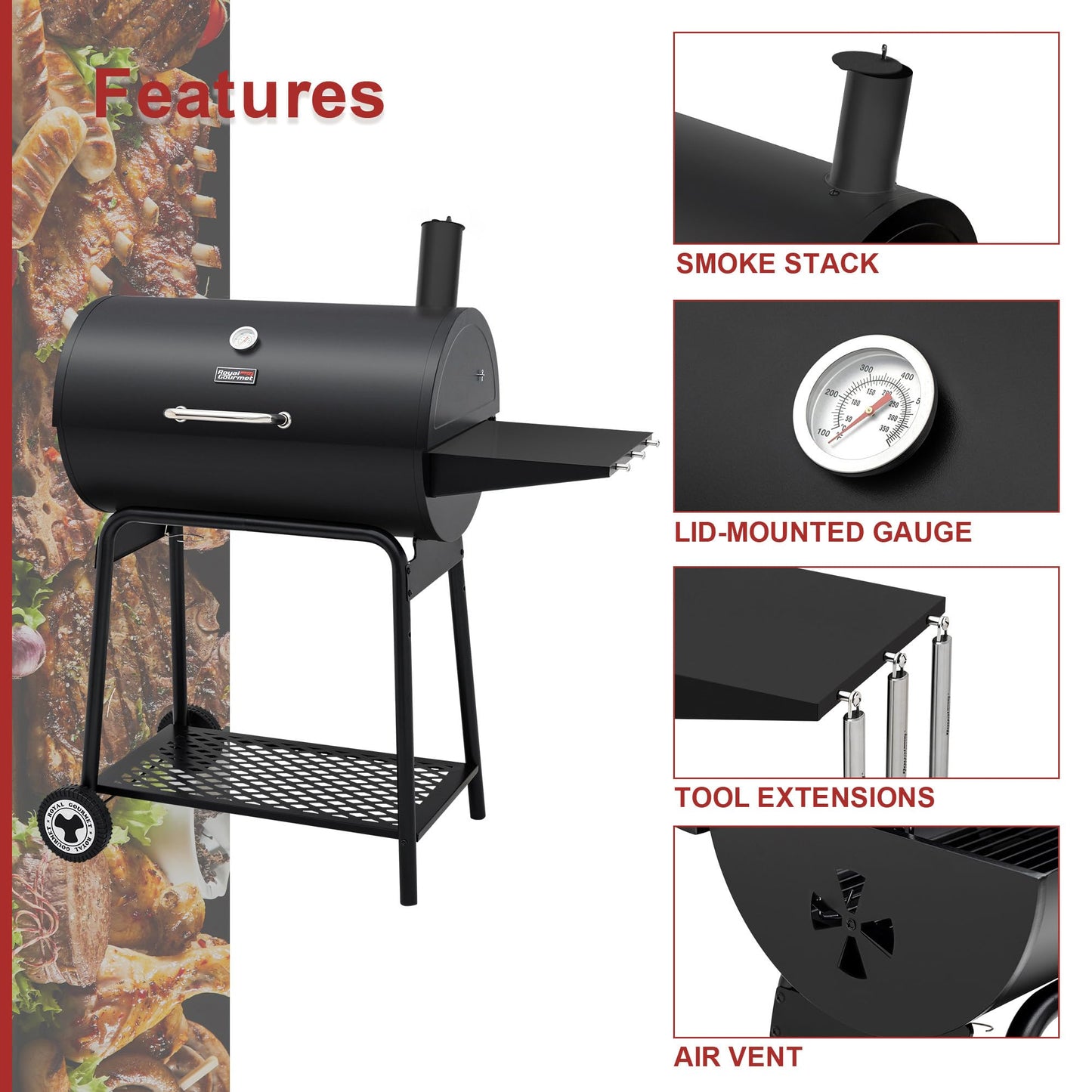 Royal Gourmet CC1830 30 Inch Barrel Charcoal Grill with Warming Rack, Outdoor BBQ Grill with 627 Sq. In. Grilling Space for Backyard, Patio and Parties, Black