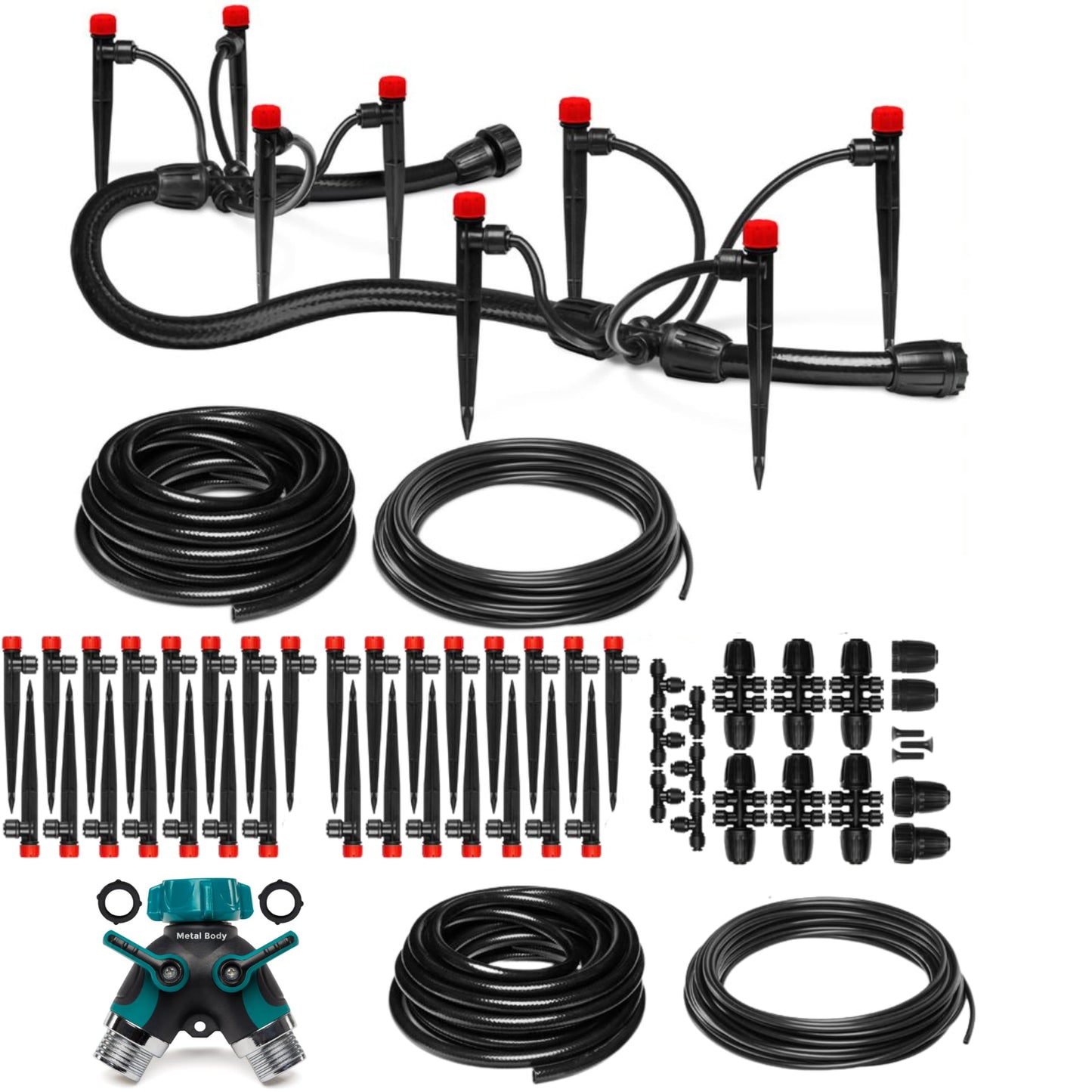 CARPATHEN Large Drip Irrigation System with Hose Splitter - Push-to-Connect Irrigation Kit - Complete Watering System with 1/4 Spray Emitters, 1/2 Tubing