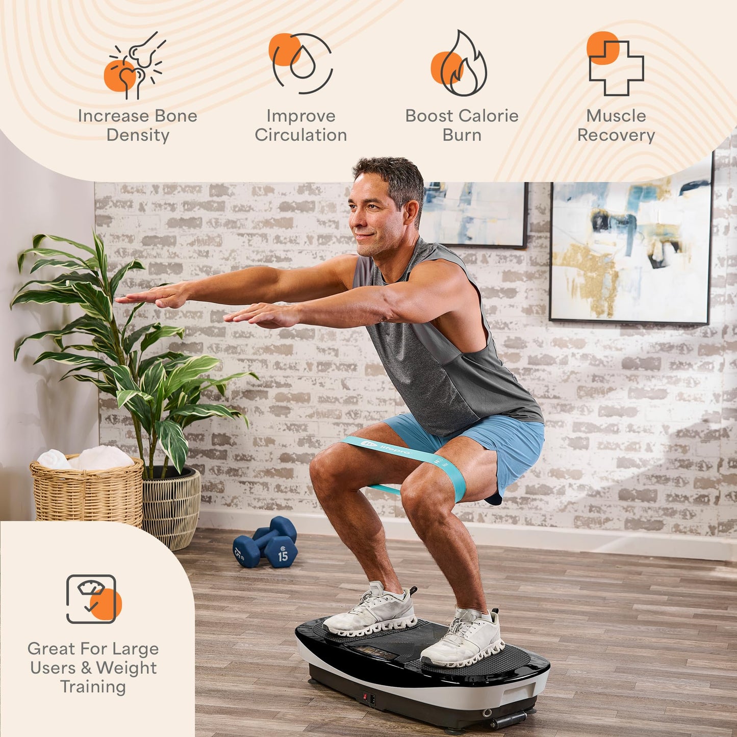 Lifepro Rumblex Max 4D Black Vibration Plate Exercise Machine with Loop Resistance Bands for Home Fitness Shaping Training Recovery Tone & Strength