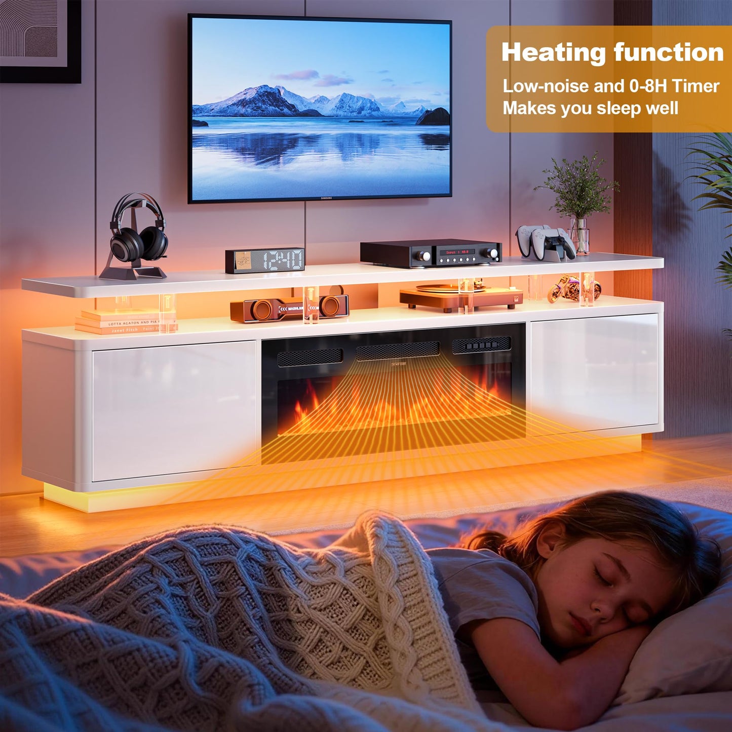OneBlis 80" Fireplace TV Stand with Double LED Lights for TVs UP to 80", Electric Fireplace Entertainment Center with Storage Cabinets, TV Console for Living Room, Office, White