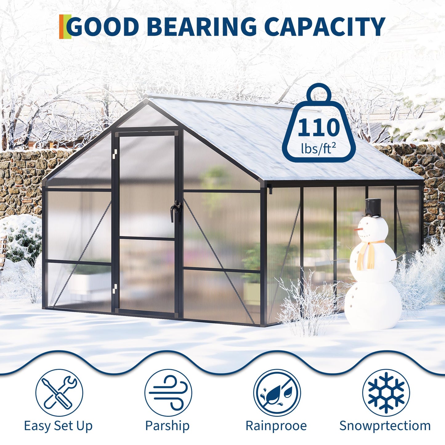 8X10 FT Outdoor Polycarbonate Greenhouse, Sturdy Aluminum Frame, Adjustable Roof Vent, Ideal for Backyard, Patio, or Garden, All-Weather Green House for Growing Plants and Vegetables