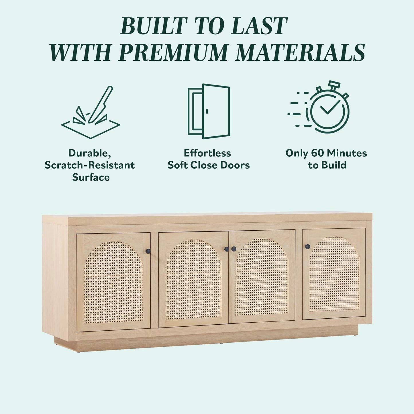 Walker Edison Sasha 4-Door Sideboard Buffet with Arched Rattan Panels, 70 Inch, Coastal Oak