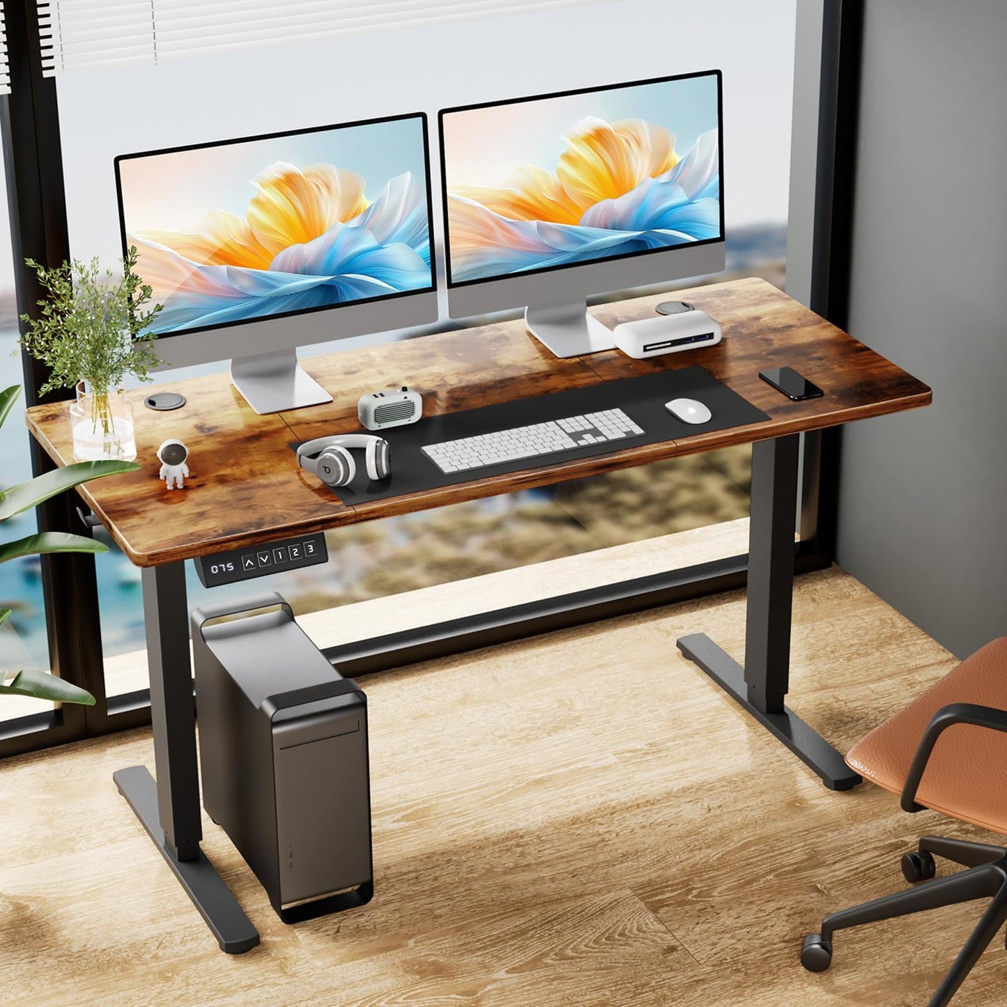 KMFurnila Electric Standing Desk Adjustable Height, 63" x 24", Sit Stand up Desk with 3 Memory Settings, Computer Desk with Cable Management for Home Office, Metal Frame, Brown