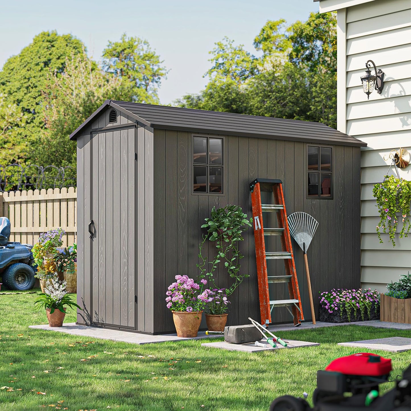 Patiowell 4 x 8 FT Plastic Outdoor Storage Shed with Floor, Garden Tool Shed with Two Windows and Single Lockable Door for Garden, Backyard, Lawn, Easy to Install, Dark Grey