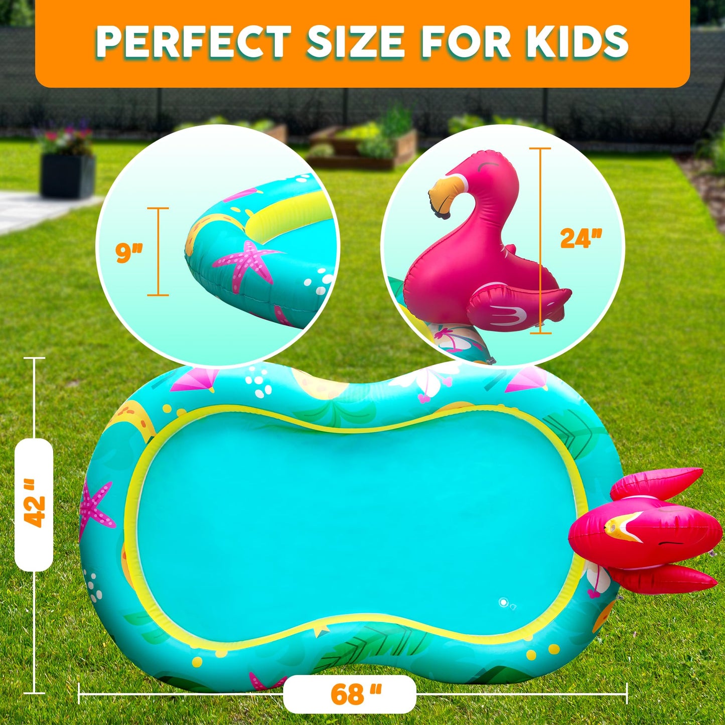 Kiddie Pool with Sprinkler | Kiddie Pool for Kids, Inflatable Toddler Pool, Inflatable Sprinkler for Kids with Splash Pad, Summer Water Toys for Toddler Outside, Summer Toys, Flamingo