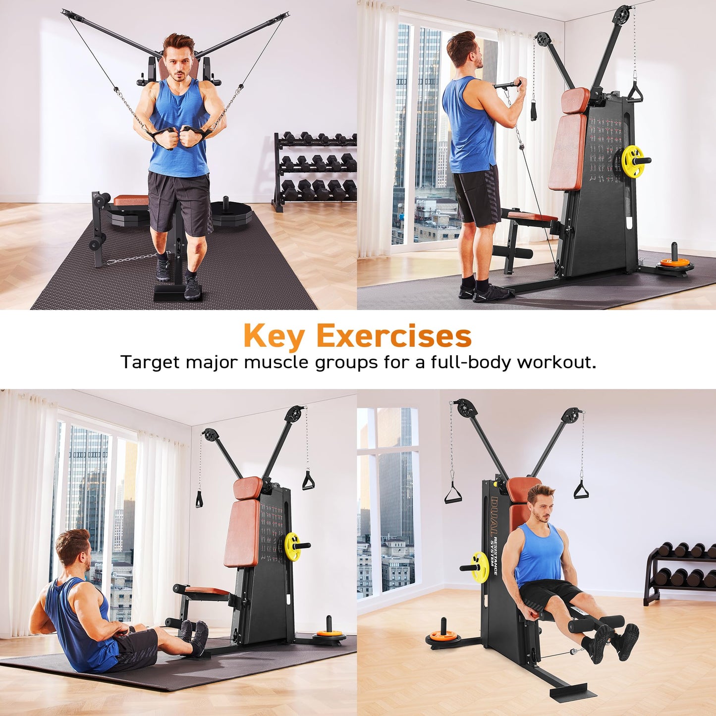 Multi Functional Home Gym Machine, All in One Compact Fitness Station with Pulley System for Shoulder, Leg, LAT Pulldown and Rowing, Space Saving Plate Loaded Strength Training Equipment