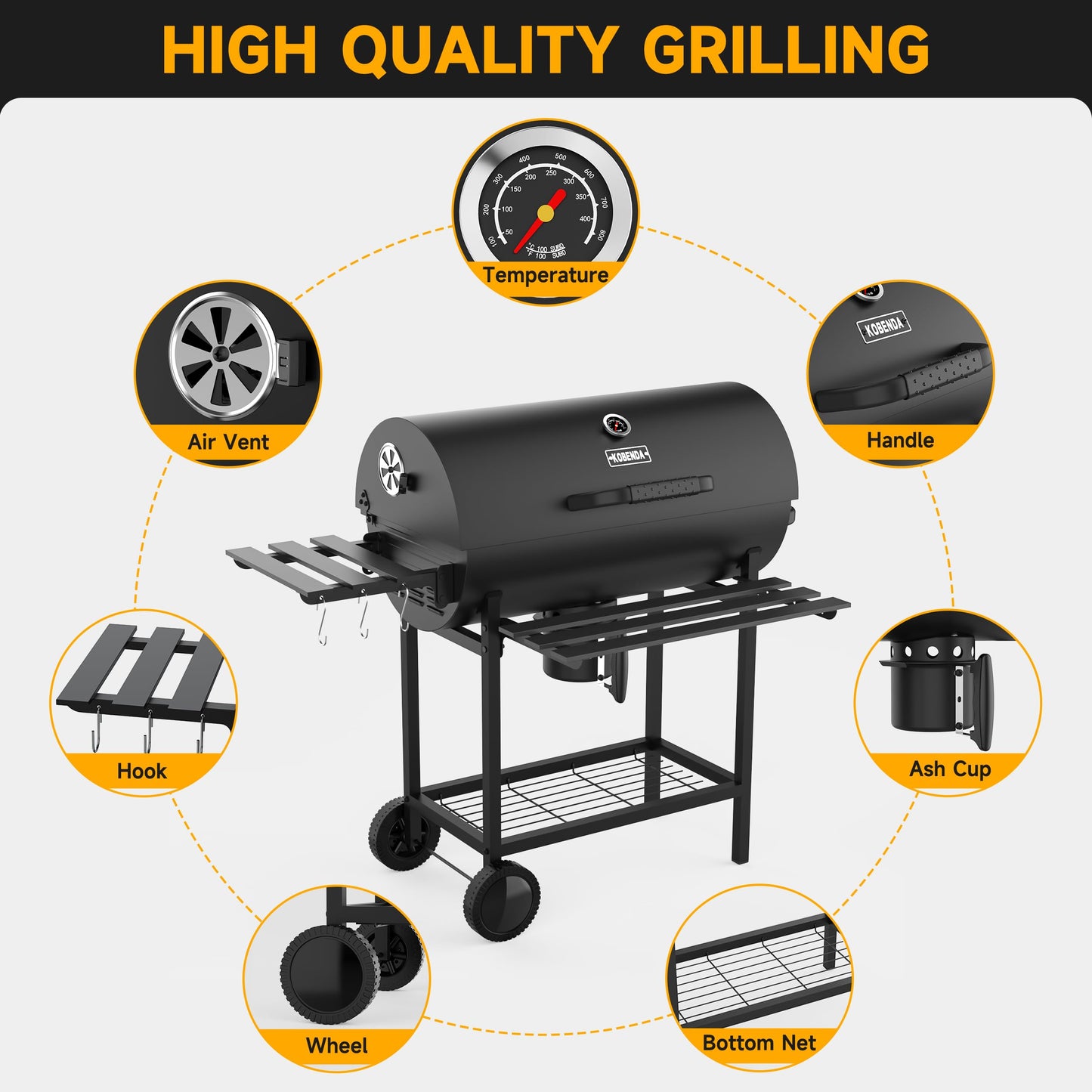 KOBENDA 29" Barrel Charcoal Grill, Spacious Smoker Barrel Barbecue Grill with Side Front Table, Outdoor Barbecue Grills for Backyard, Camping, and Picnics, Black