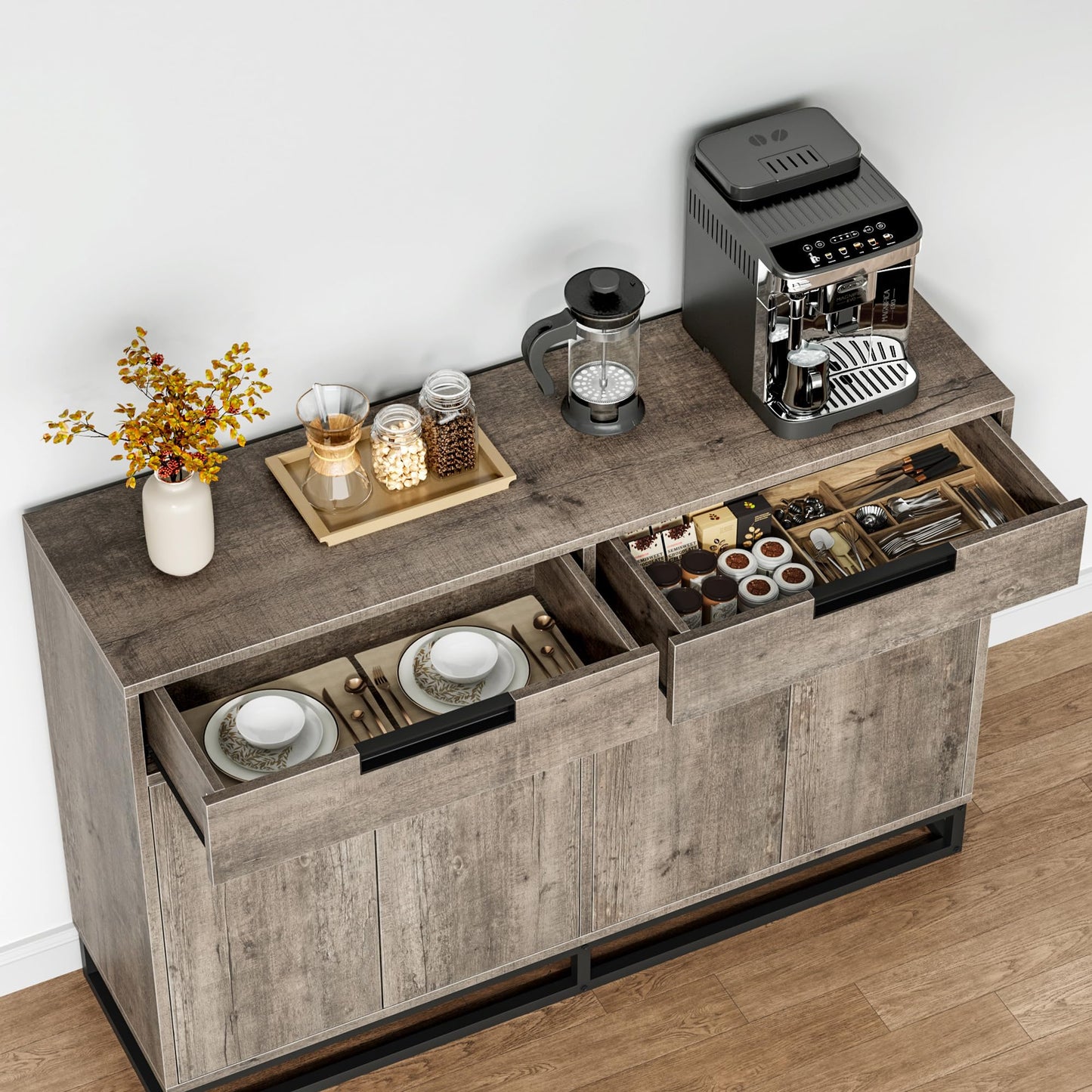 GAOMON Sideboard Buffet Cabinet, 55" Large Modern Kitchen Storage Cabinet with 2 Drawers and 4 Doors, Coffee Bar Buffet Table for Kitchen and Dining Room, Gray