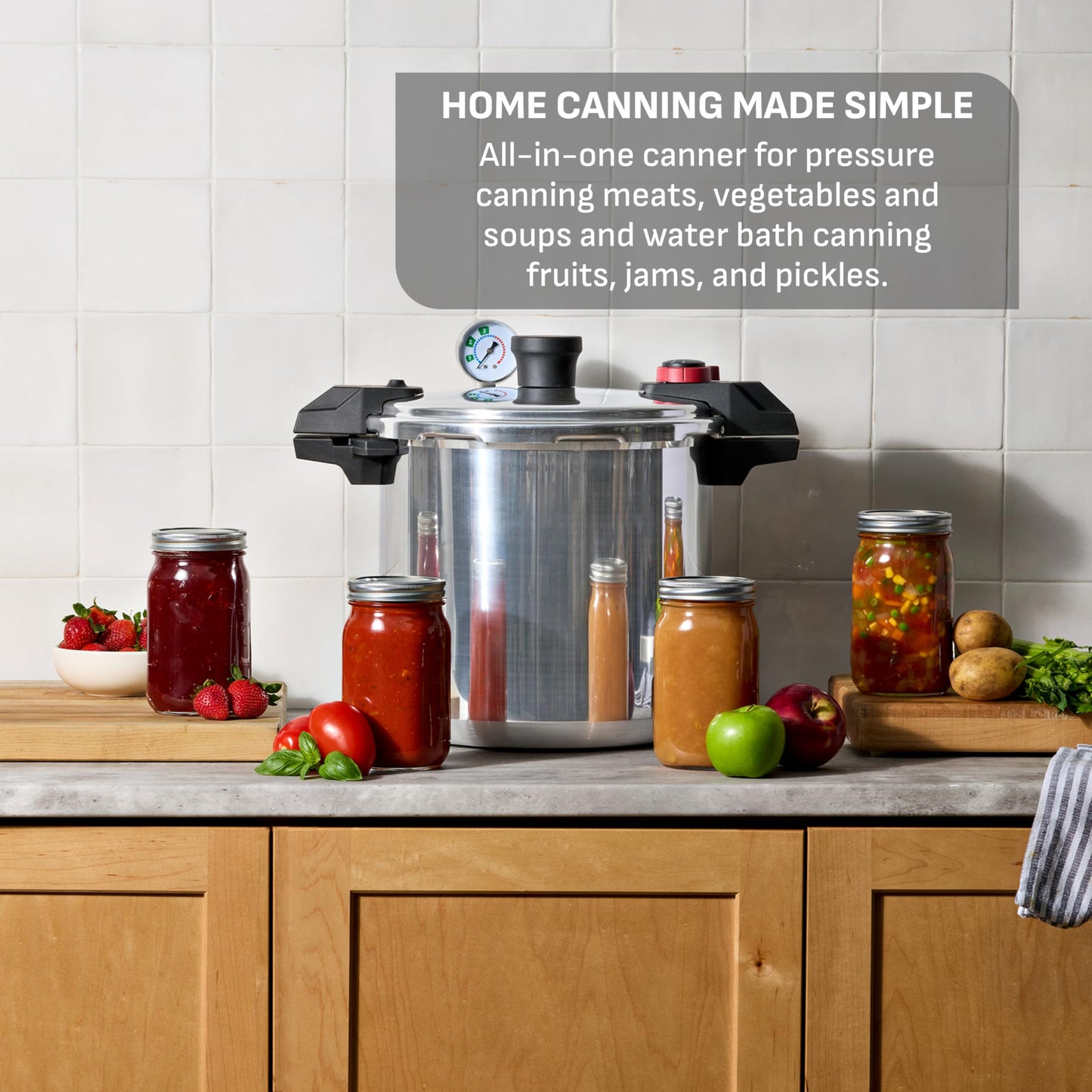 T-fal 22-Quart Aluminum Pressure Canner, 3 PSI Settings, Home Canning, Includes Racks & Canning Guide, Large Capacity, Pressure & Water Bath Canning for Vegetables, Meats, Seafood & Fruits, Silver