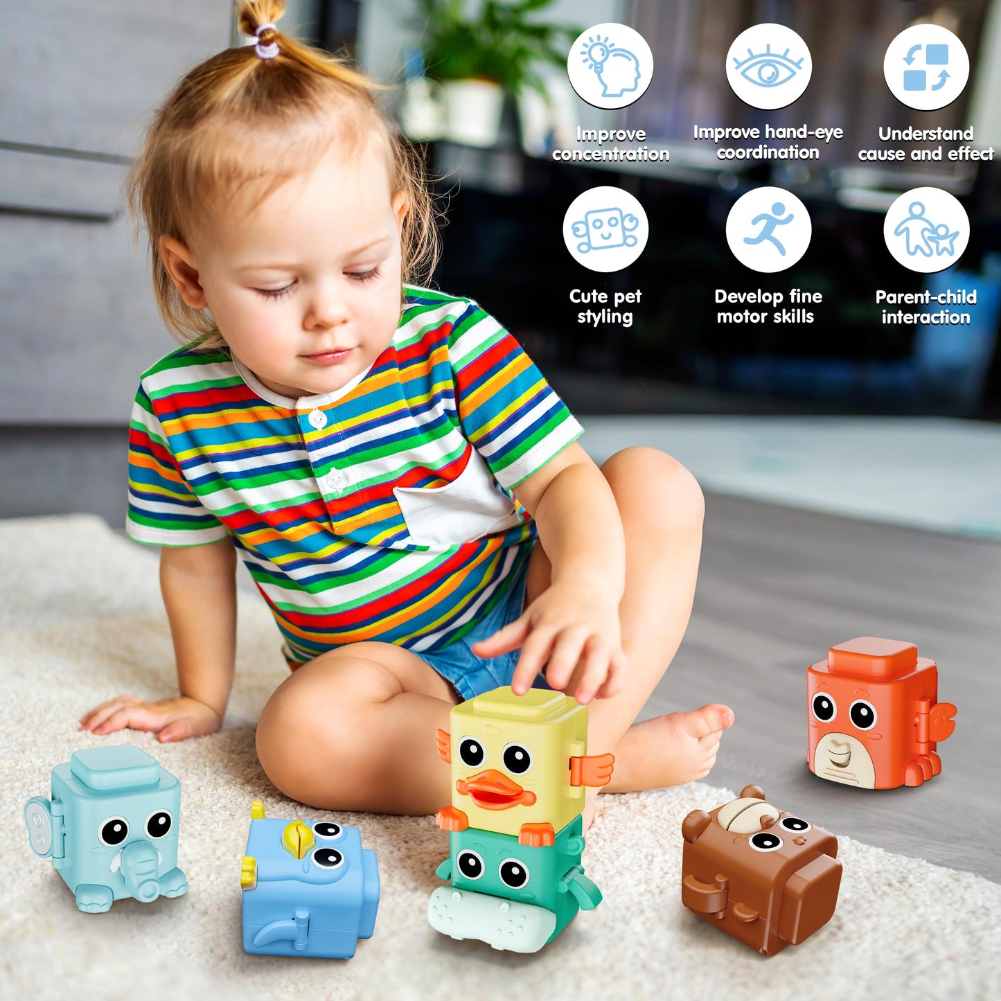 BASUN Stacking Toys Set for Toddlers 18+ Months, 6 in 1 Infant Sensory Toys with Changing Expressions, Pressable Animal Stacking Blocks, Christmas Birthday Gifts for 1 2 3 4 Years Old Baby Boys Girls