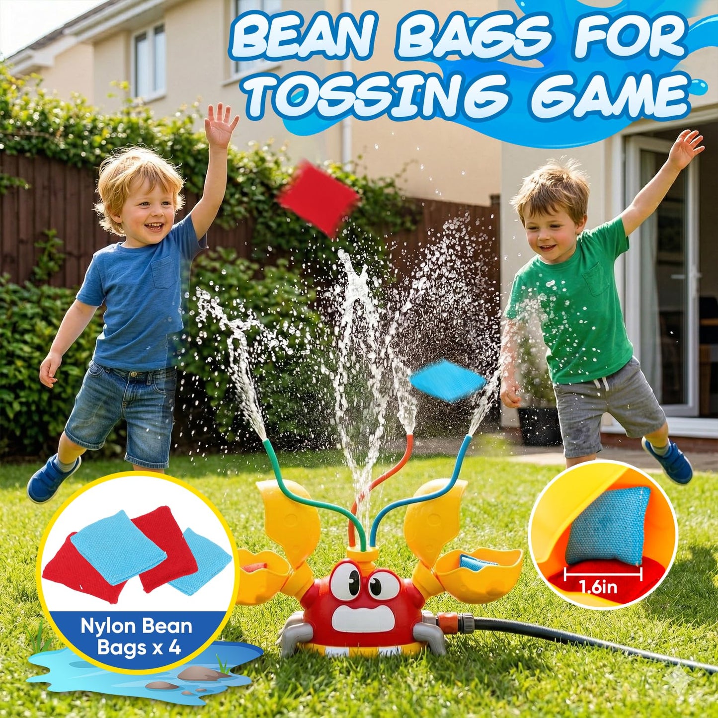Water Sprinkler for Kids, Summer Outside Water Toys Attached to Garden Hose with 3 Spray Patterns & 4 Bean Bags for Toss Game, Kids Sprinklers for Yard Lawn Pool Games for Age 4-12 Yr Old Boys Girls