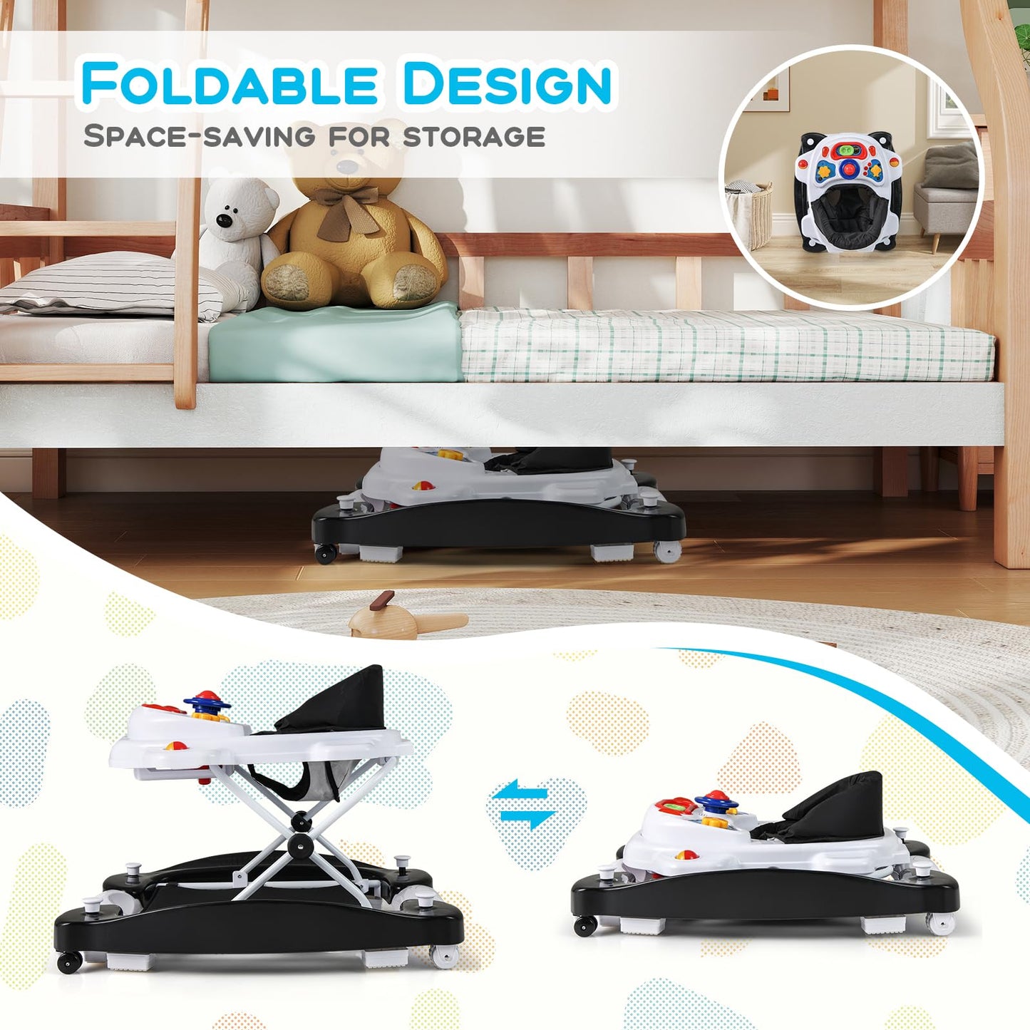 BABY JOY 6-in-1 Baby Walker, Foldable Baby Walker with Wheels, Adjustable Height, Music, Lights, Bouncer & Rocker Mode, Baby Walkers for Boys Girls 6-14 Months (Black)