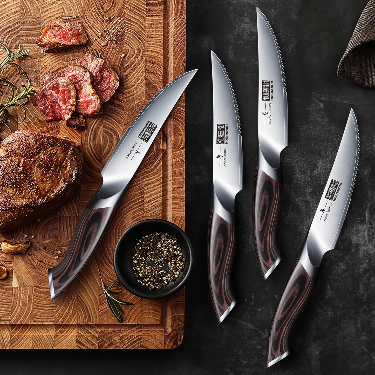 HOSHANHO Steak Knives Set of 7, 4.5 Inch Serrated Steak Knife Set with Block, Japanese High Carbon Steel Kitchen Steak Knives with Ergonomic Handle